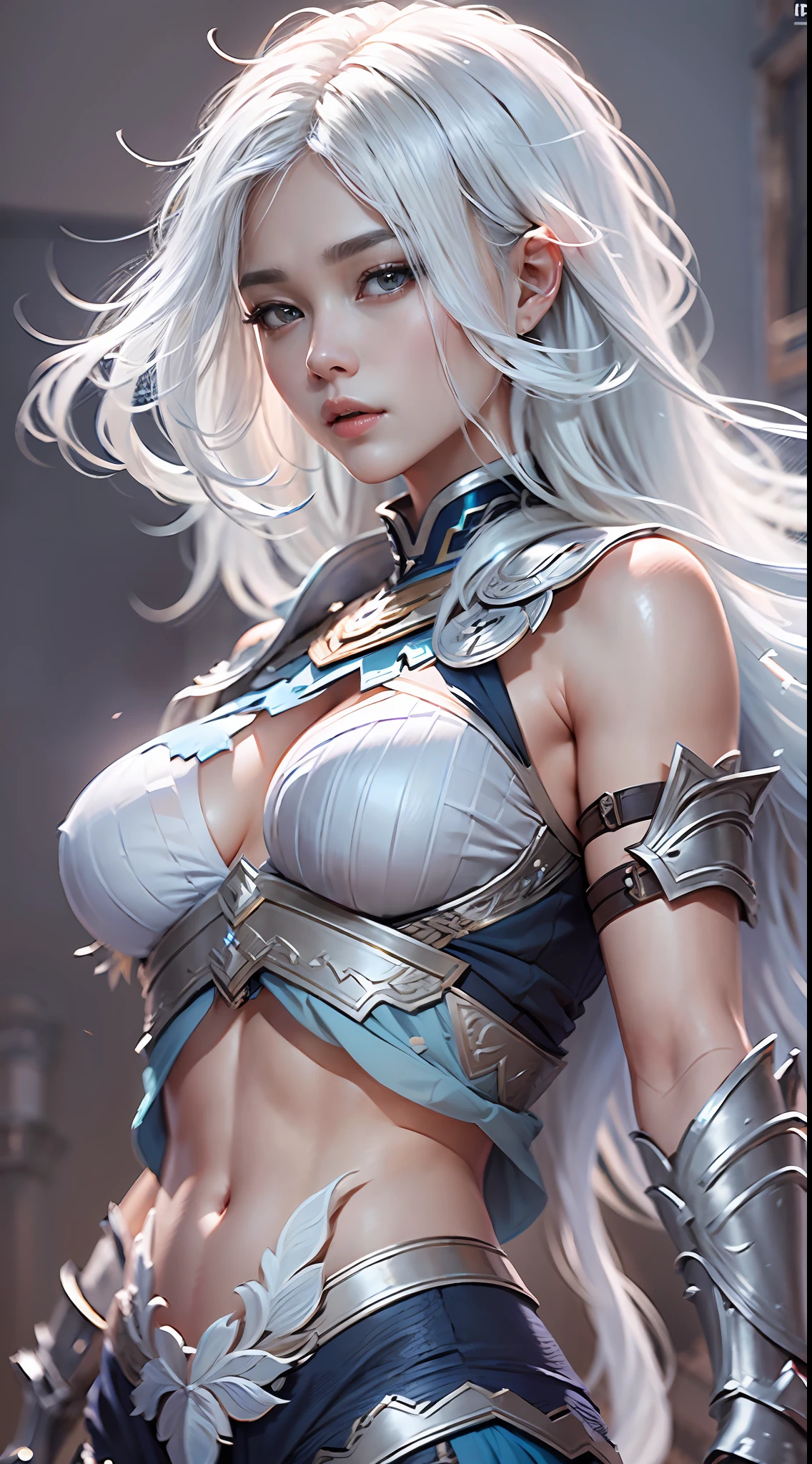 white hair, intricate azure armor, detailed gorgeous face, beautiful young South Korean girl, medium length white hair, toned stomach, showing midriff, (photorealistic, photorealism), (8k, RAW photo, highest quality, masterpiece, ultra-high resolution, physics-based rendering