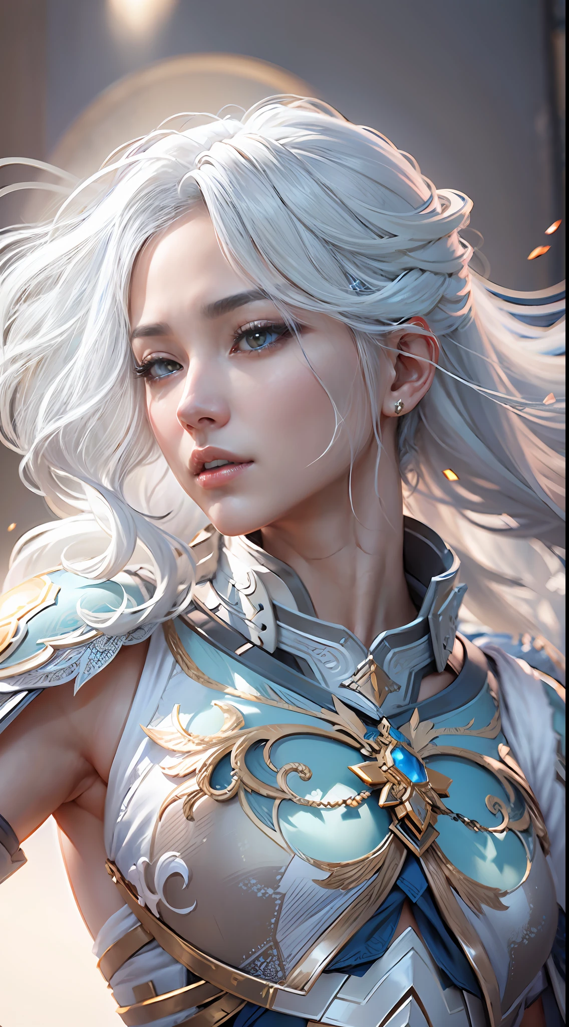 white hair, intricate azure armor, detailed gorgeous face, beautiful young South Korean girl, medium length white hair, toned stomach, showing midriff, (photorealistic, photorealism), (8k, RAW photo, highest quality, masterpiece, ultra-high resolution, physics-based rendering