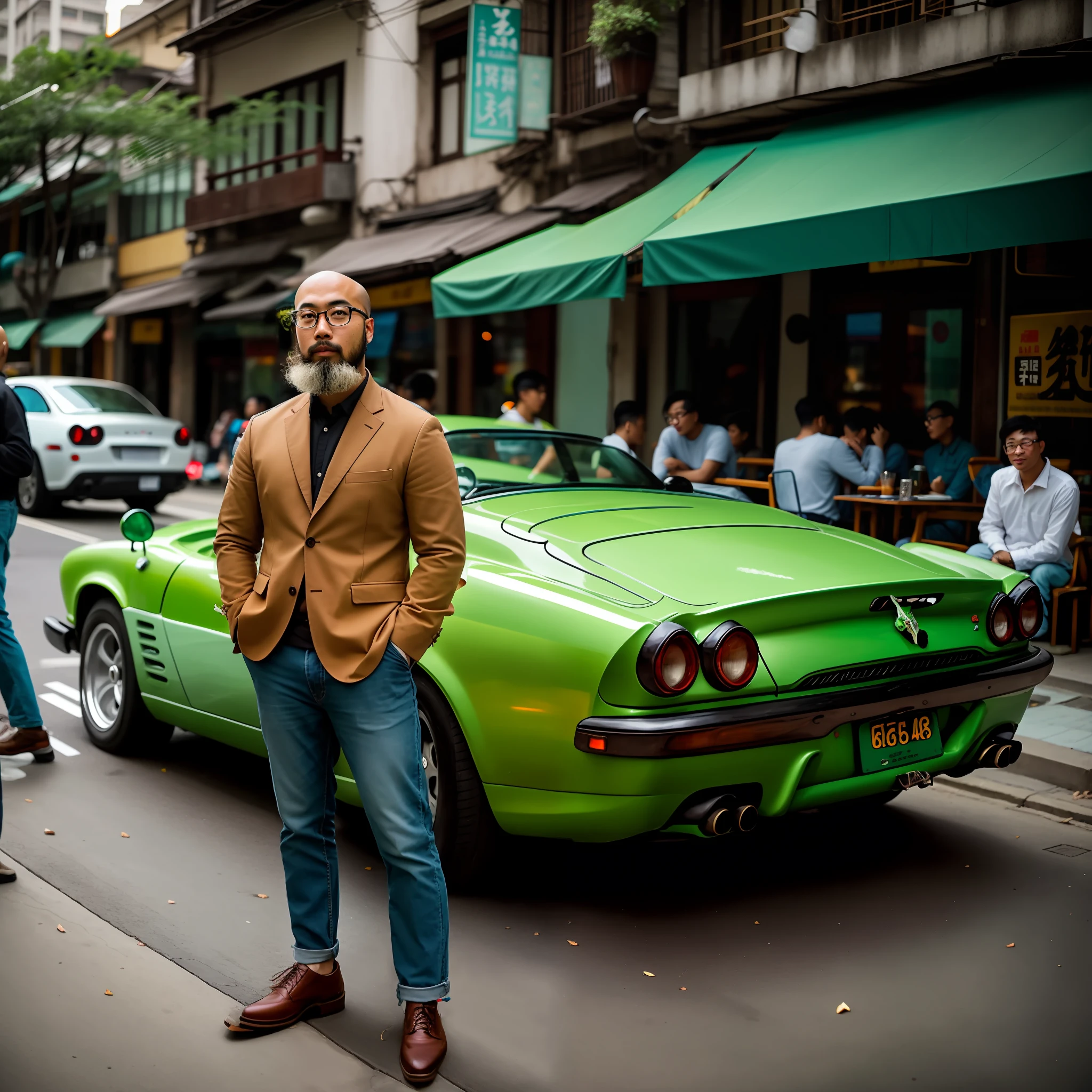asian male，Beard，bald-headed，Vintage glasses
