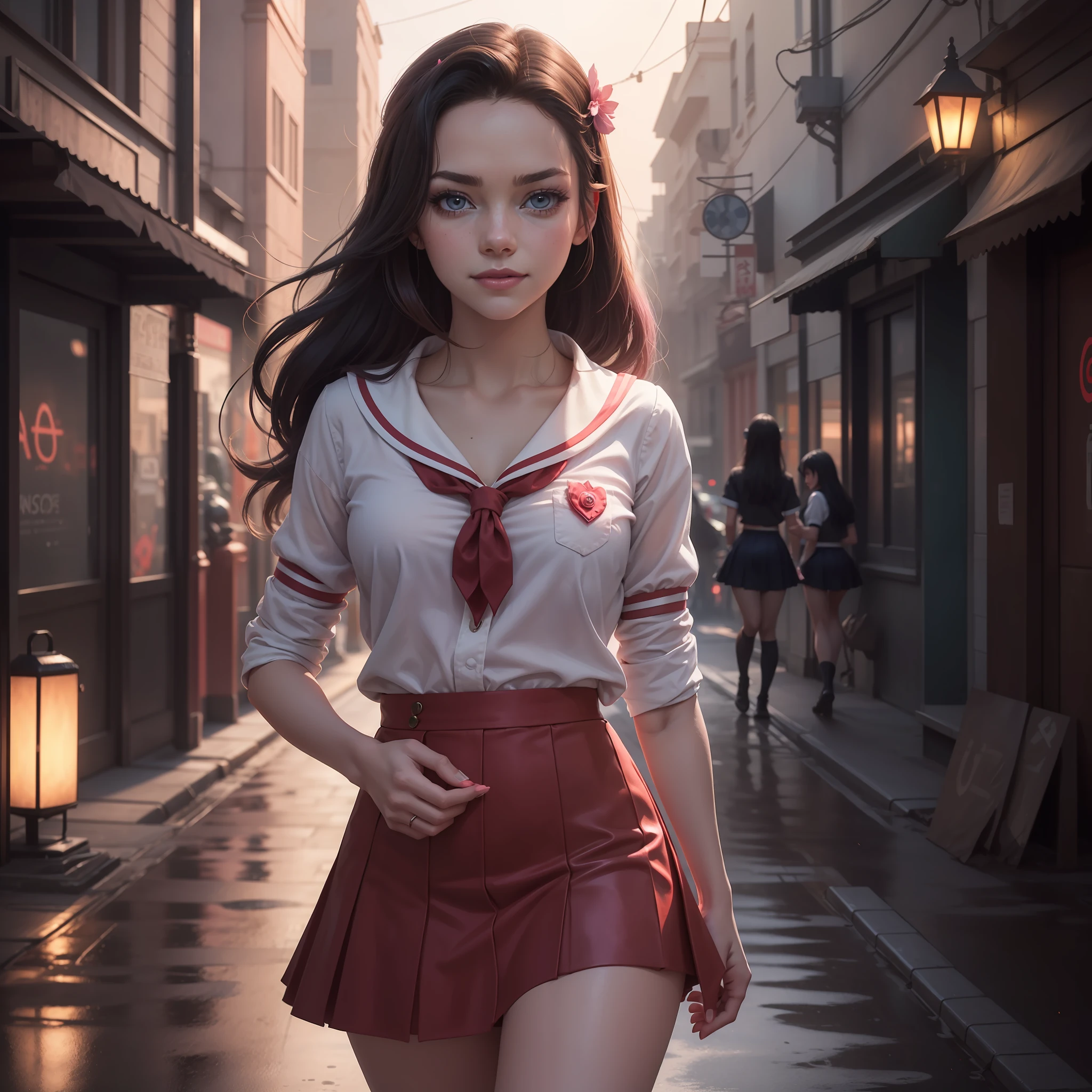 fotorrealista,Realistic illustration in Modelshoot style,((obra maestra)),((La mejor calidad)),((Calidad Ultra)),((ultra detallado)),((1girl)),((Only)),((waifu:1.5)),Perfect anatomy,perfect hands,hermoso cuerpo,hermoso_cara,ulzzang-6500-v1,E-girl,Excepcionalmente Beauty Waifu Princess Emma Stone como Nezuko Kamado Demon Slayer,in a beautiful Cosplay of Schoolgirl uniform,ropa mojada,Sailor Miniskirt,Calcetines negros,((rosa-brillante_ojos)),cabello largo ondulado,hair clips,delineador,Maquillaje lindo,lipstick,Glossy lipstick,con una mirada de amor,con una linda sonrisa,((ojos detallados perfectos)),caminando en una calle estilo Cyberpunk con luces de neon,lluvioso con niebla afuera,noche,Pink Theme,bioluminiscencia,light particles,((Extremadamente CG Unidad 8K Fondo de pantalla)),((cinematic lighting,best quality backlight)),Detalles intrincados,Suave,foco nítido,Extremely beautiful and aesthetic,Renderizado de octanaje,retrato de cuerpo entero,damp skin,((Cuerpo detallado perfecto)),