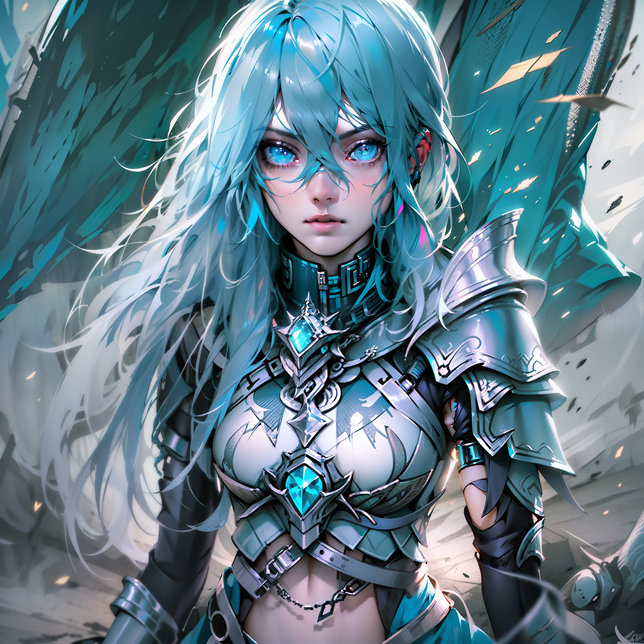 (masterpiece: 1.2), (best quality: 1.2), 4k, perfect eyes, perfect face, perfect lighting, long hair, turquoise blue hair, one girl, emo girl on a battlefield, thin strong body, white armor, emo styled hair, glamorous, elegant armor, scars, fantasy, detailed background