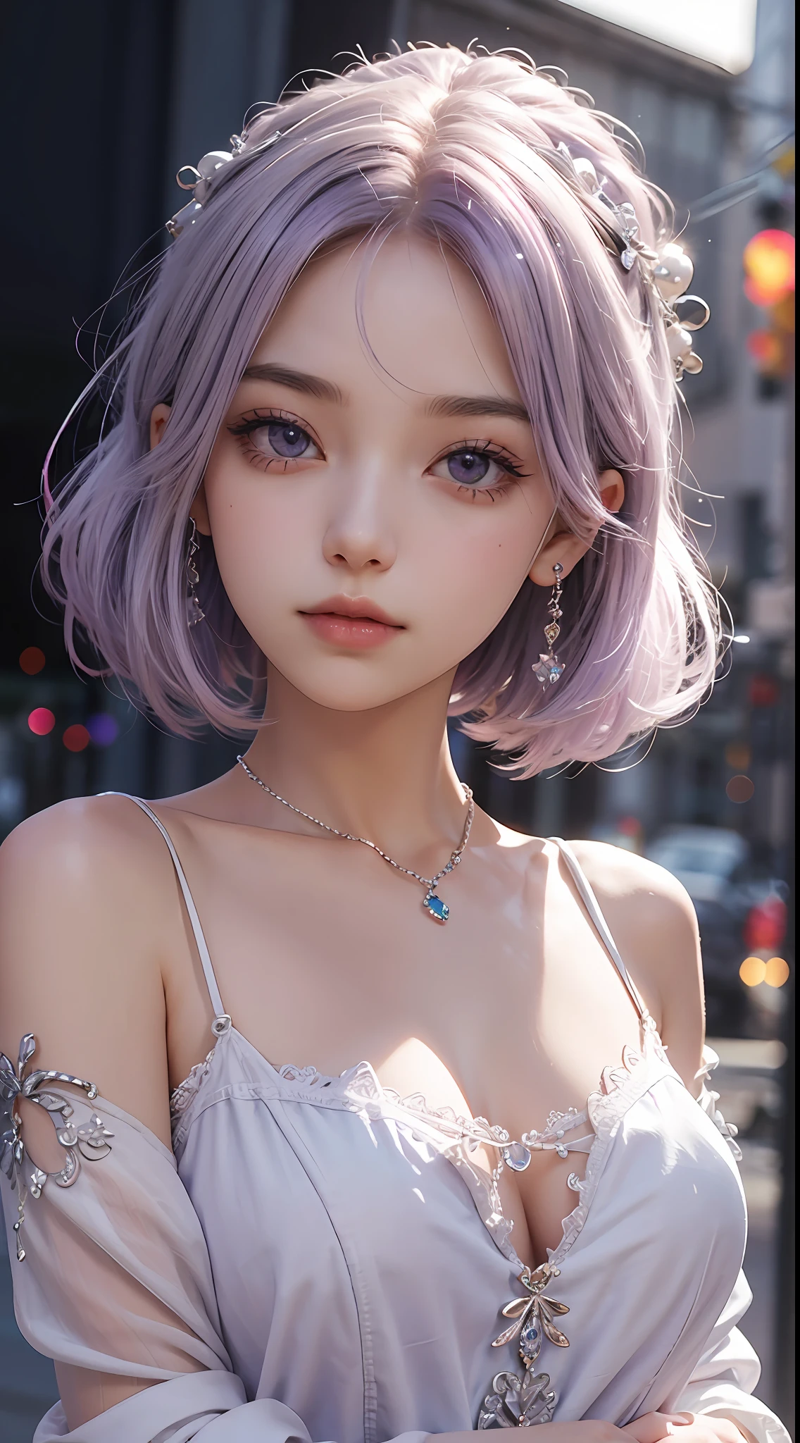 A cute girl,Lilac hair,Hair with some beautiful and delicate jewelry,Eyes on the audience,background whites,8K high-definition --auto