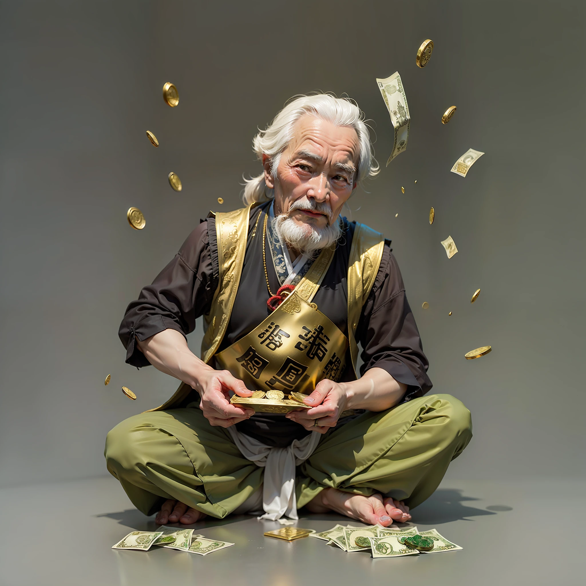 The old man of Chinese style holds a gold ingot,Background money tree