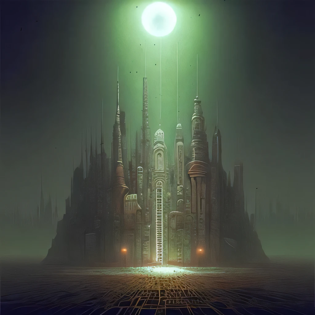 dystopian city landscape, Zdzislaw Beksinski style
