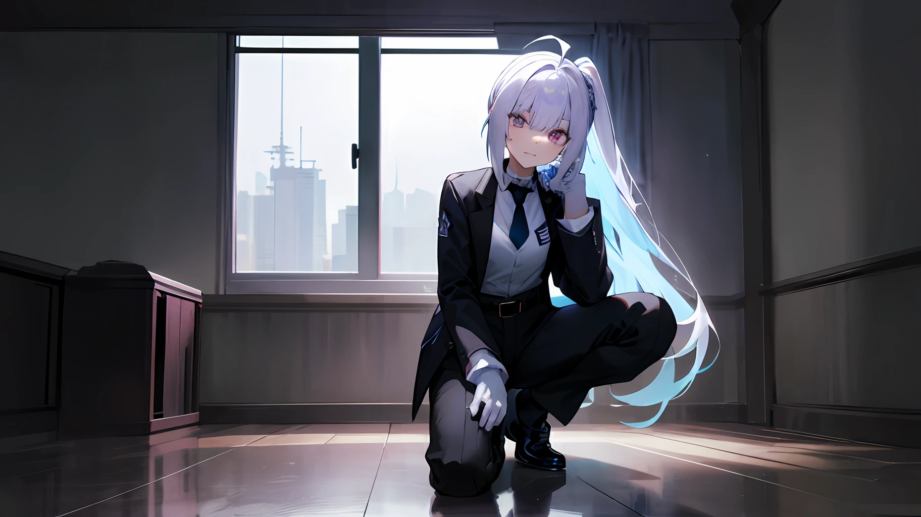 best quality, ultra-detailed, dolla, 1girl, solo, long_hair, breasts, bangs, shirt, gloves, long_sleeves, closed_mouth, jacket, full_body, ponytail, white_shirt, ahoge, open_clothes, necktie, choker, black_gloves, belt, collared_shirt, pants, , black_footwear, open_jacket, black_jacket, , formal, black_pants, suit,, purple_necktie, earpiece, (one knee, :1.4) room, indoors, (looking at viewer:1.3),, (tilt head ,hand on own head:1.2),