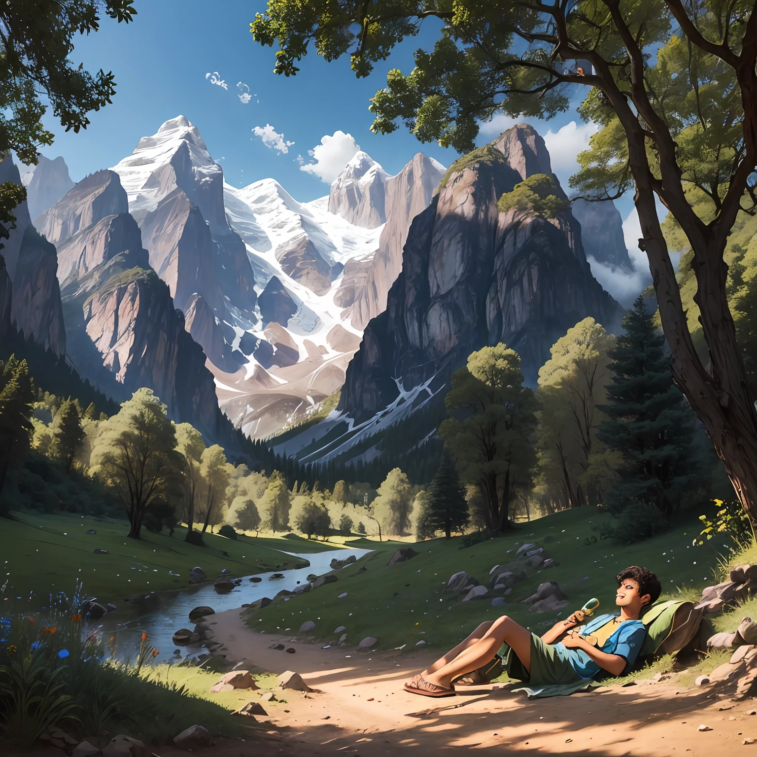 A YOUNG VILLAGER LYING in the shade of a tree AT THE FOOT OF A MOUNTAIN --auto