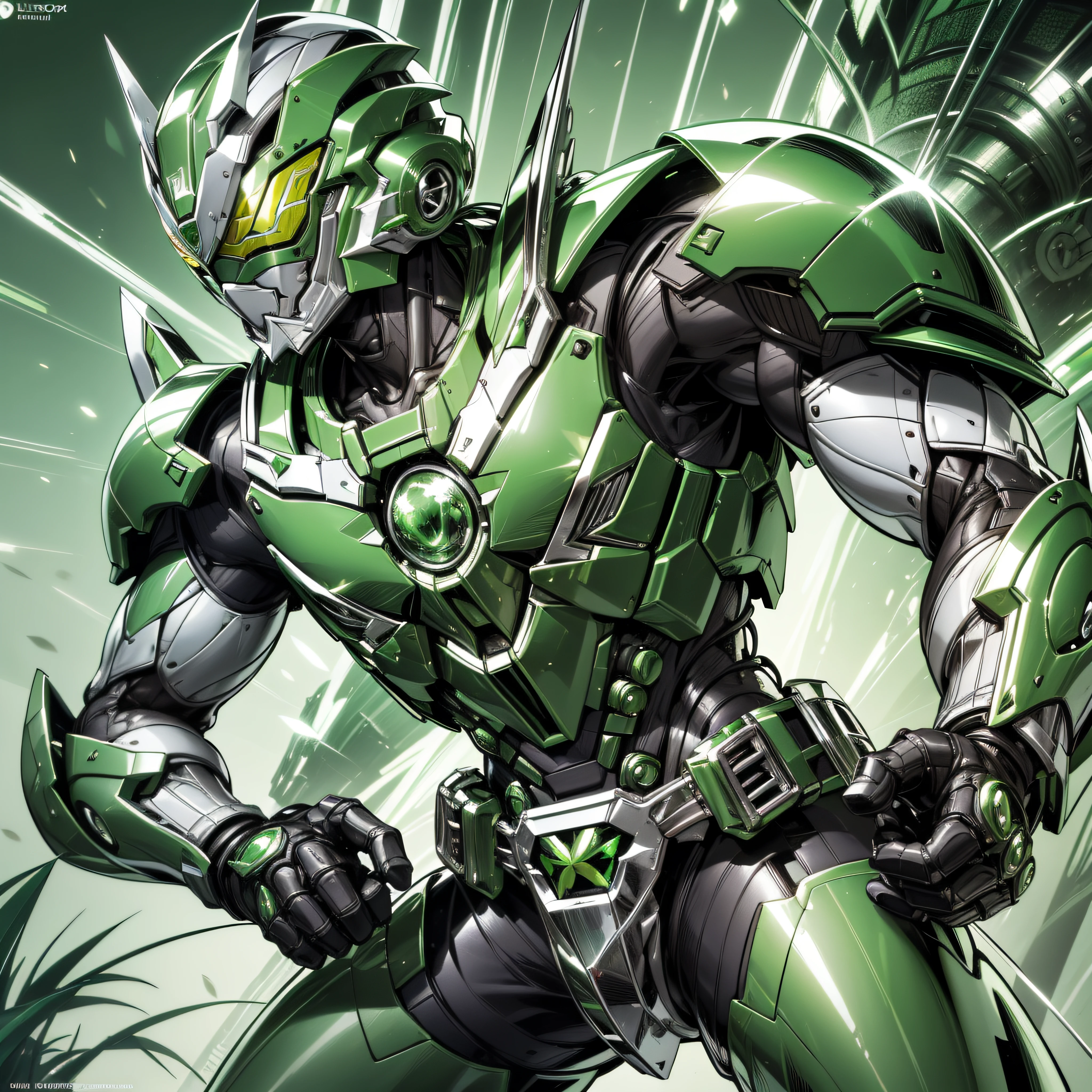 Handsome man, made of Green metal, (Green Cyborg: 1.1), (((Green Power Ranger's style helmet with chrome face plate))), ([Tail | Detail Wire]: 1.3), (Complex Detail), HDR, (Complex Detail, Ultra Detail: 1.2), Jungle Cinematic Shot, Masterpiece, Best Quality, High Resolution, Vaginal Foreign Object Insertion, Centering