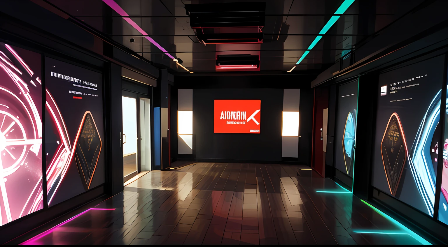 Create an Office for youtube video scenario. Deve ser bem iluminado, colorido com bastante neon, no fundo da sala deve ter prateleiras para livros e DVDs, plus science fiction and superhero posters on the walls. Deve parecer inovador, jovem, imaginativo e interessante. Torne-o fotorrealista, super detailed and simulate an 18mm lens feel in photography. There should be NO ONE in the room, ela deve estar vazia.