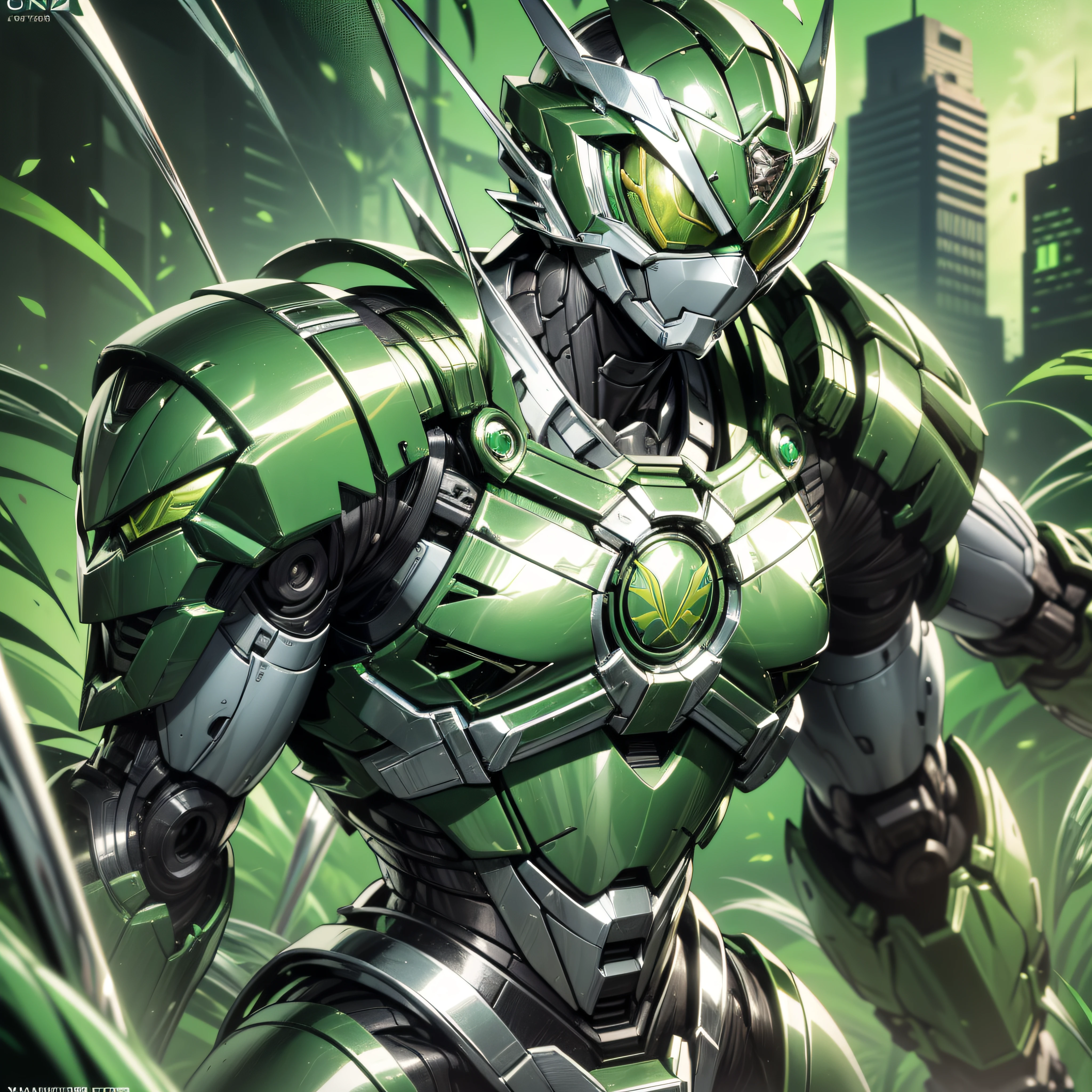 Handsome man, made of Green metal, (Green Cyborg: 1.1), (((Green Power Ranger's style helmet with chrome face plate))), ([Tail | Detail Wire]: 1.3), (Complex Detail), HDR, (Complex Detail, Ultra Detail: 1.2), Jungle Cinematic Shot, Masterpiece, Best Quality, High Resolution, Vaginal Foreign Object Insertion, Centering