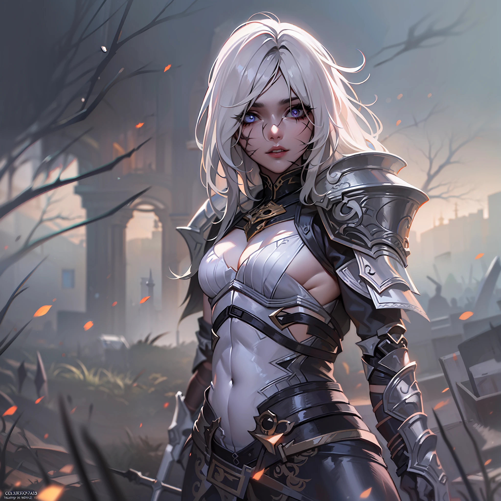 (masterpiece: 1.2), (best quality: 1.2), 4k, perfect eyes, perfect face, long hair, perfect lighting, one girl, emo girl on a battlefield, thin strong body, white armor, emo styled hair, glamorous, elegant armor, scars, fantasy, detailed background