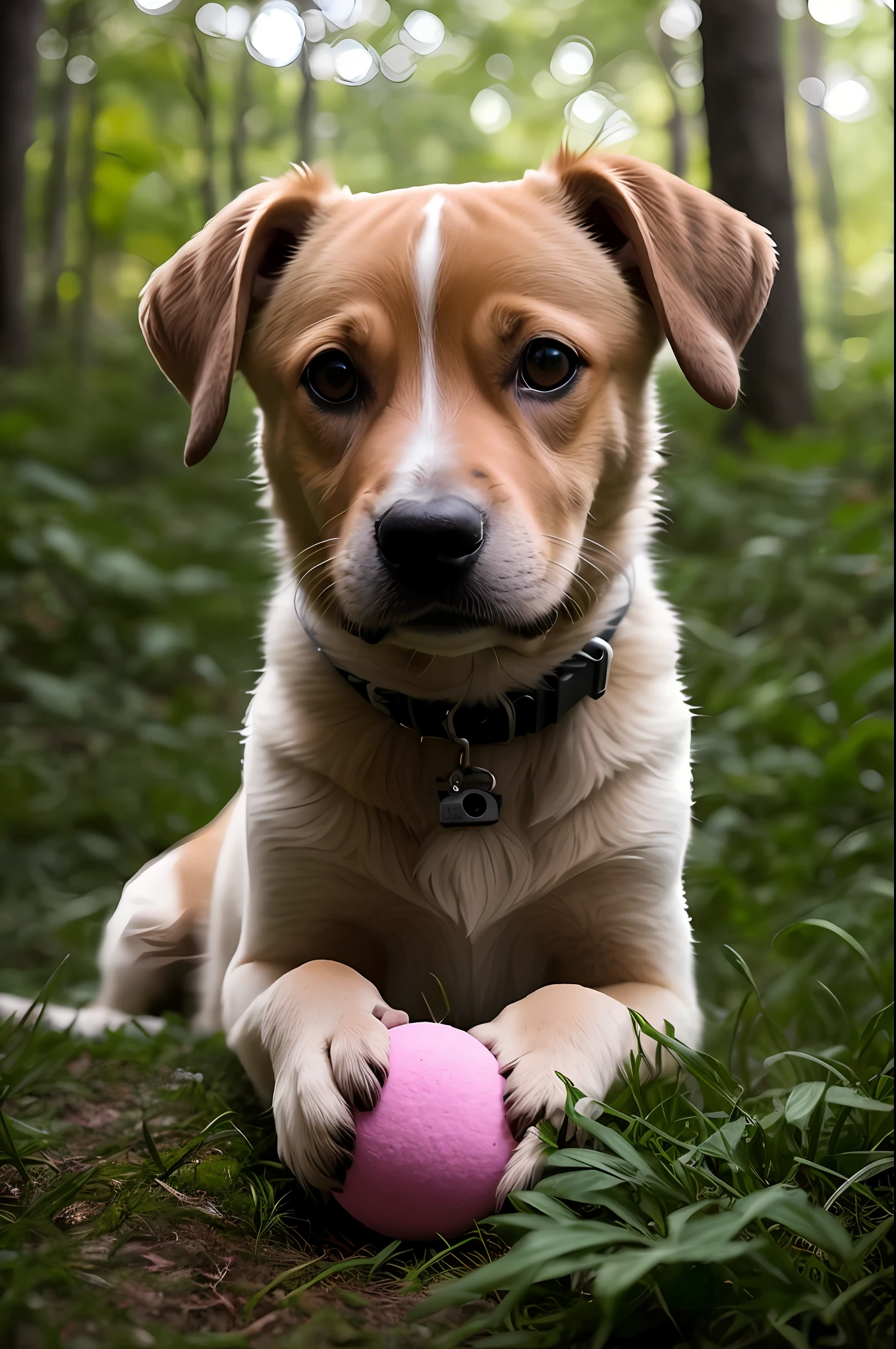 foto em close de um cachorrinho pulando com uma bolinha na boca pink muito fofo na floresta, look at a camera, soft volumetric lights, (backlit: 1.3), (kinematics: 1.2), detalhes complexos, (ArtStation: 1.3), Rutkowski