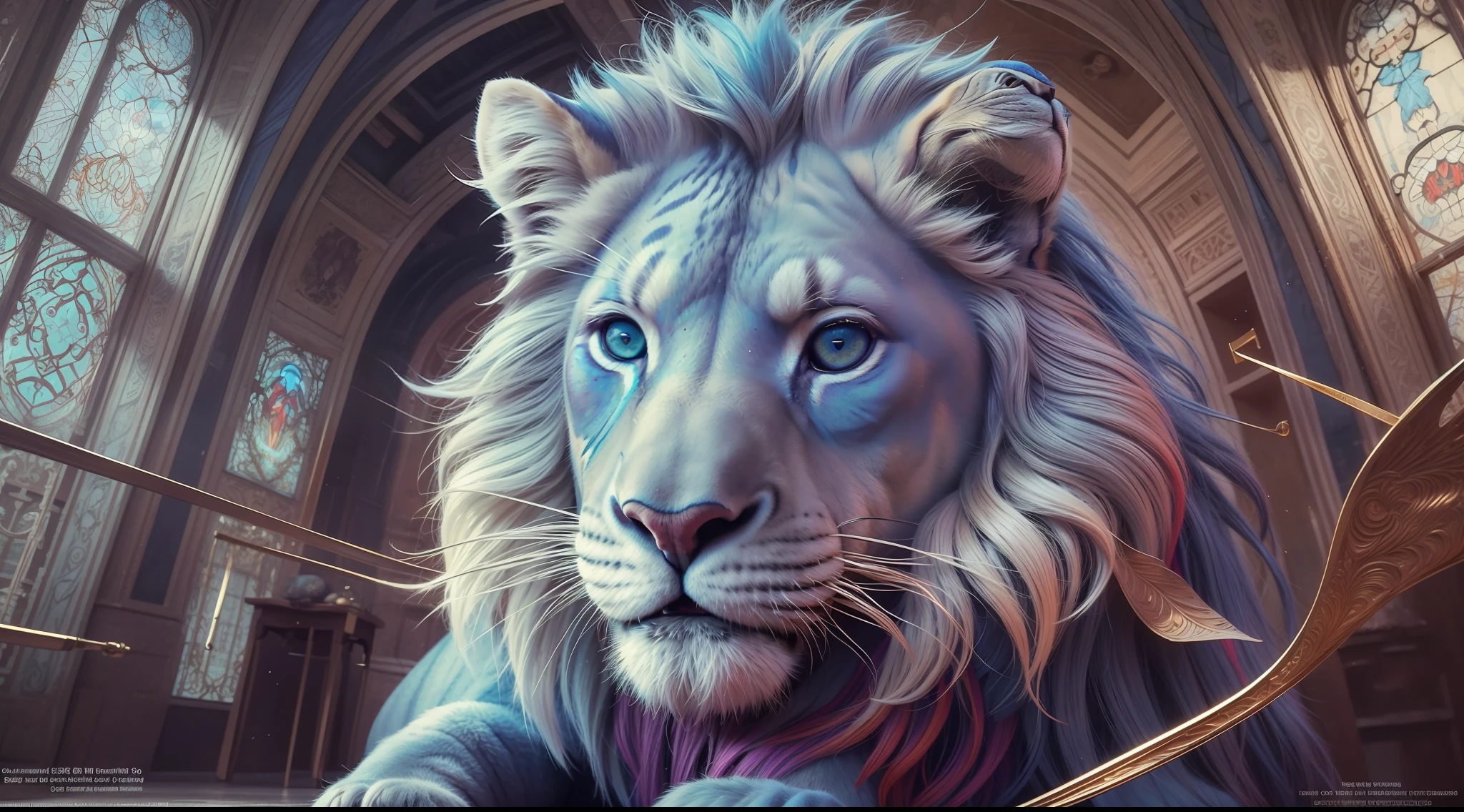 Hyper-realistic sculpture of a blue lion, made of resin and fiberglass, with synthetic fur and glass eyes. The lion has a fierce and imposing expression, with its mouth open in a powerful roar, showing its sharp teeth and red tongue. Its mane is voluminous and flowing, giving it a majestic and wild look. Its blue color contrasts with its natural skin tone and creates an amazing and fantastic effect. The sculpture reproduces only the lion's head and neck, in real size, with an impressive level of detail that makes it look as if the animal is alive and about to jump on the viewer. The work is a tribute to the king of the jungle and his strength and beauty, in the style of Giovani Caramello., angry, crazy, crazy eyes, devil eyes, devil pupils, purple eyes, red eyes, colored inner hair, Surrealism, high detail, interior architecture, drop shadow, first-person view, from below, perspective, 360 view, viewfinder, afterimage, 8k, award winning, high details, best quality, anatomically correct, retina, UHD