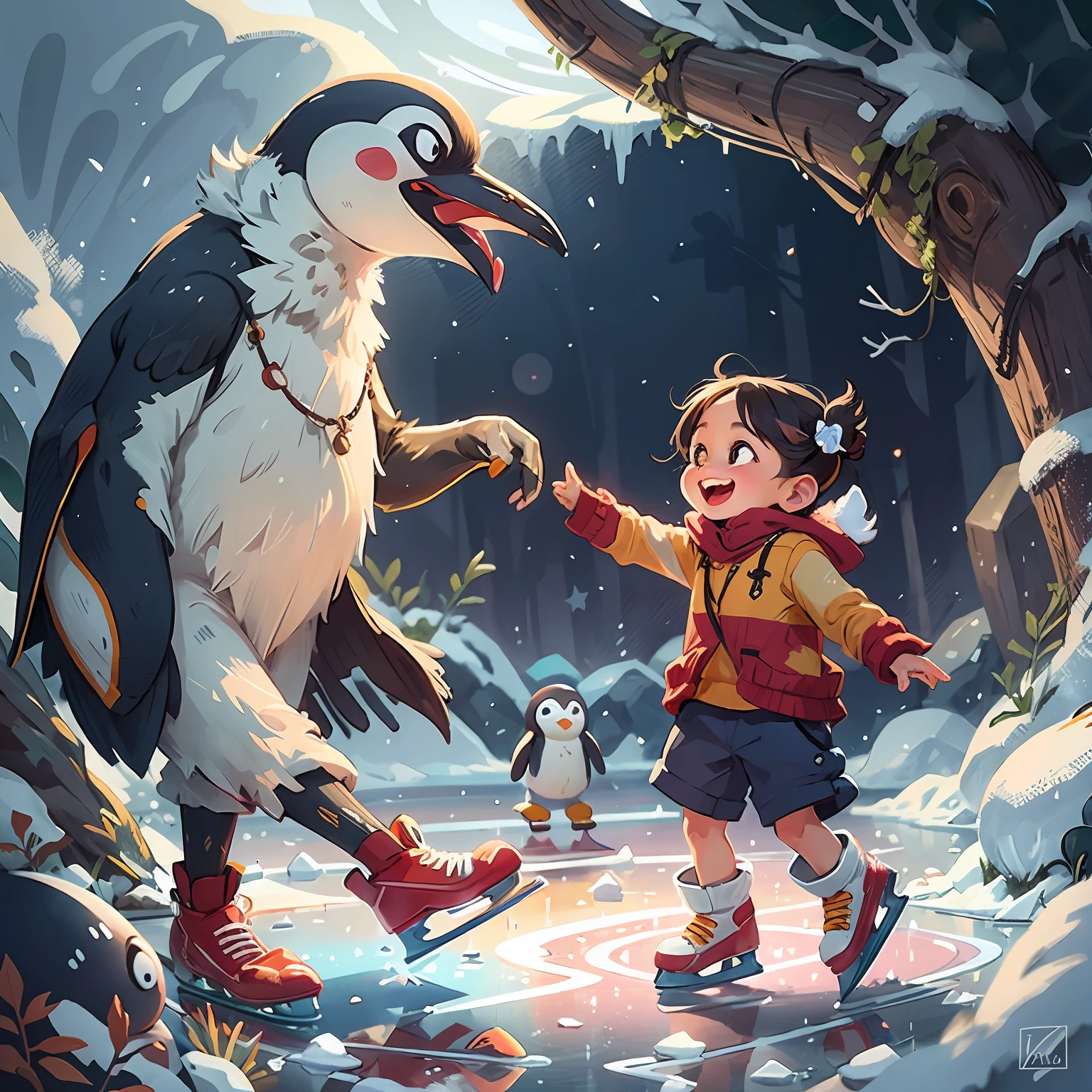 joyful dancing, penguin parent and child, ice skating on a shimmering ice surface,
