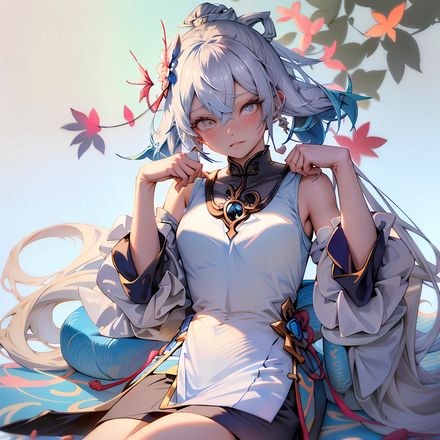 Anime - Stylistic image of a boy in blue and white clothes, Palace , A girl in Hanfu, Guviz, Guviz-style artwork, Guweiz in Pixiv ArtStation, Keqing from Genshin Impact, Guweiz on ArtStation Pixiv, drak,Beautiful character painting,is shy,flatchest