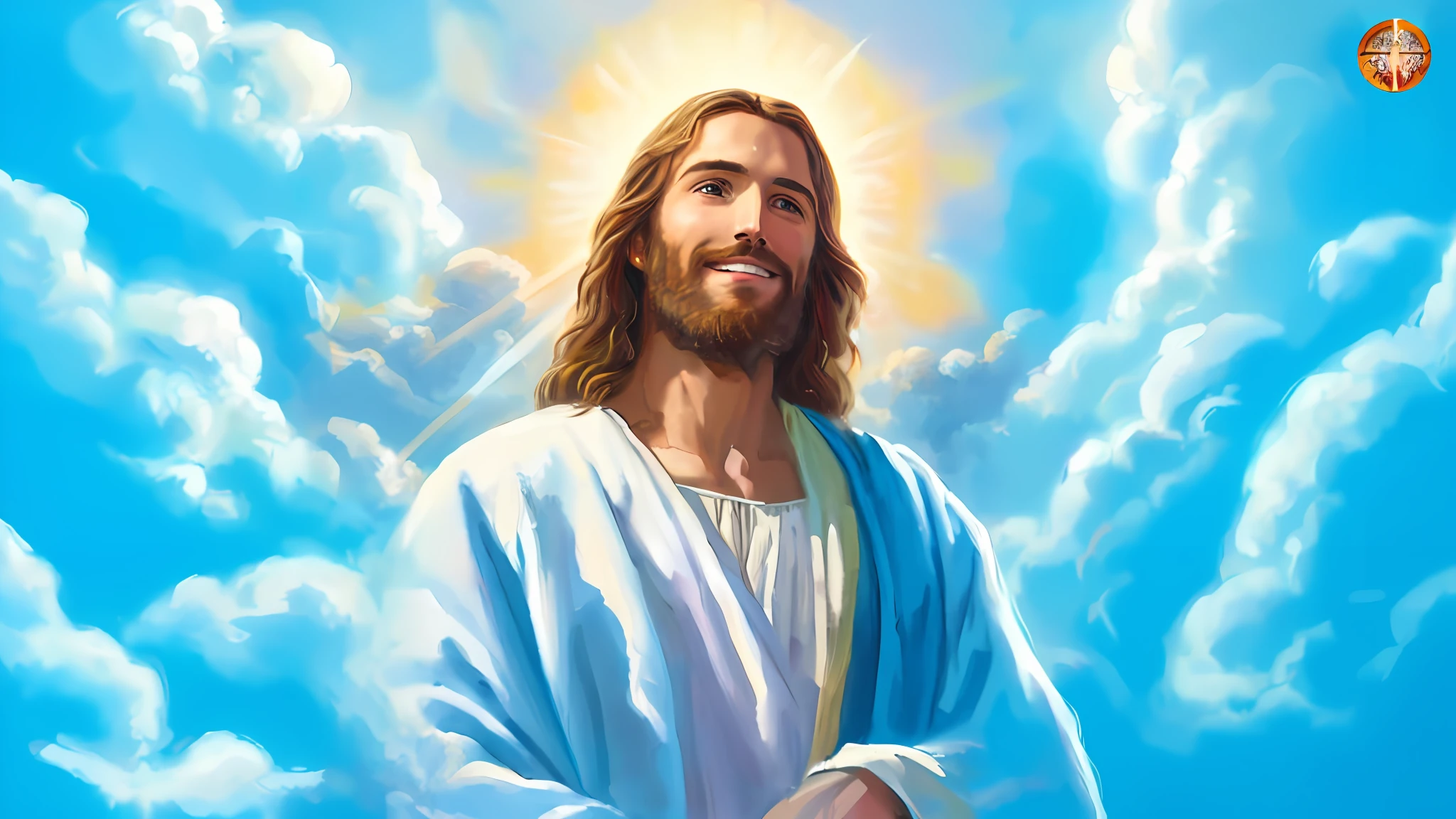 a painting of jesus with a halo in the sky, jesus christ, smiling in heaven, portrait of jesus christ, jesus face, young almighty god, portrait of a heavenly god, greg olsen, gigachad jesus, jesus of nazareth, jesus, the face of god, god looking at me, he is greeting you warmly, he is happy, avatar image