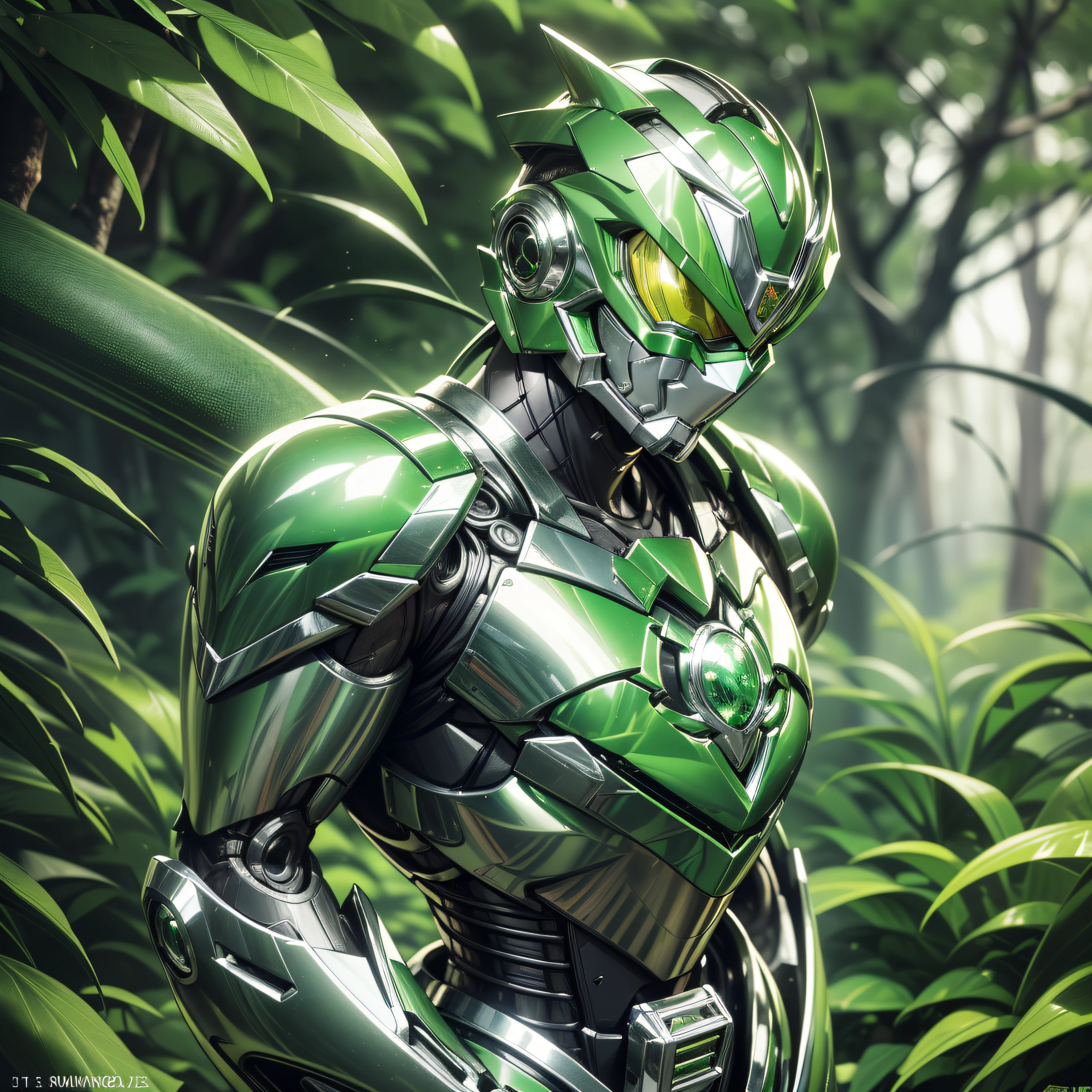 Handsome man, made of Green metal, (Green Cyborg: 1.1), (((Green Power Ranger's style helmet with chrome face plate))), ([Tail | Detail Wire]: 1.3), (Complex Detail), HDR, (Complex Detail, Ultra Detail: 1.2), Jungle Cinematic Shot, Masterpiece, Best Quality, High Resolution, Vaginal Foreign Object Insertion, Centering