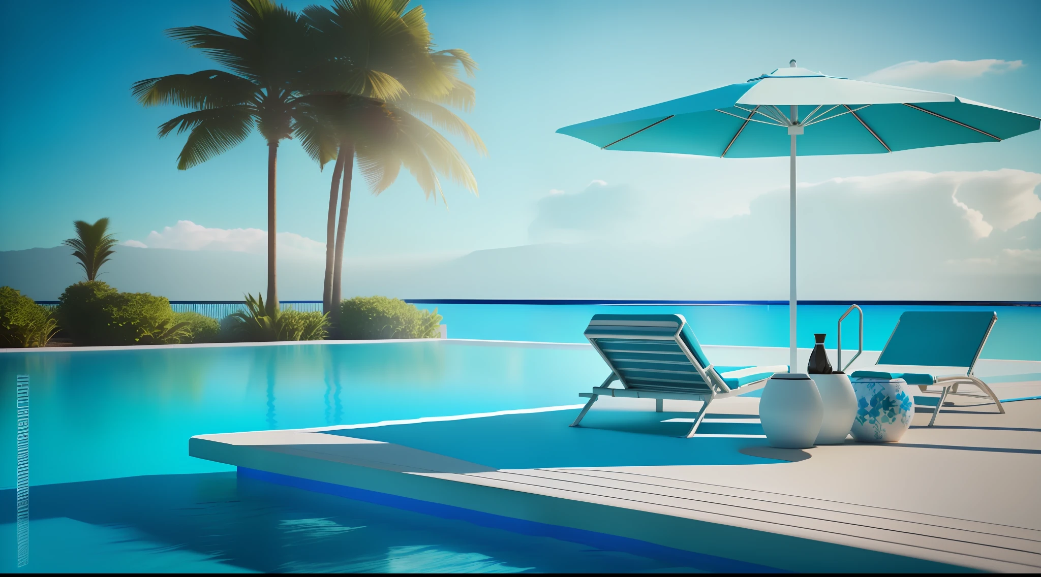 There is a swimming pool with two chairs and an umbrella next to the water, ao lado de uma piscina tropical, azul realista 3 d render, high quality 3d render, high quality 3d render, paradise in the background, a photorealistic rendering, piscina tropical, Beautiful 3D rendering, beautiful render of a landscape, high definition 3 d render, 3 d render fotorrealista