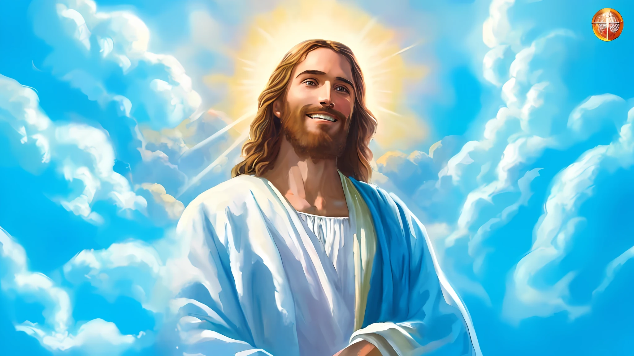 a painting of jesus with a halo in the sky, jesus christ, smiling in heaven, portrait of jesus christ, jesus face, young almighty god, portrait of a heavenly god, greg olsen, gigachad jesus, jesus of nazareth, jesus, the face of god, god looking at me, he is greeting you warmly, he is happy, avatar image