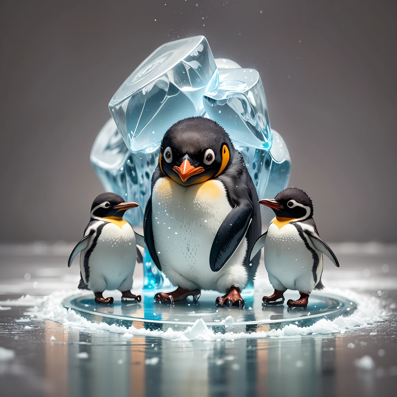 no human, joyful dancing, penguin parent and penguin child, ice skating, shimmering ice surface,