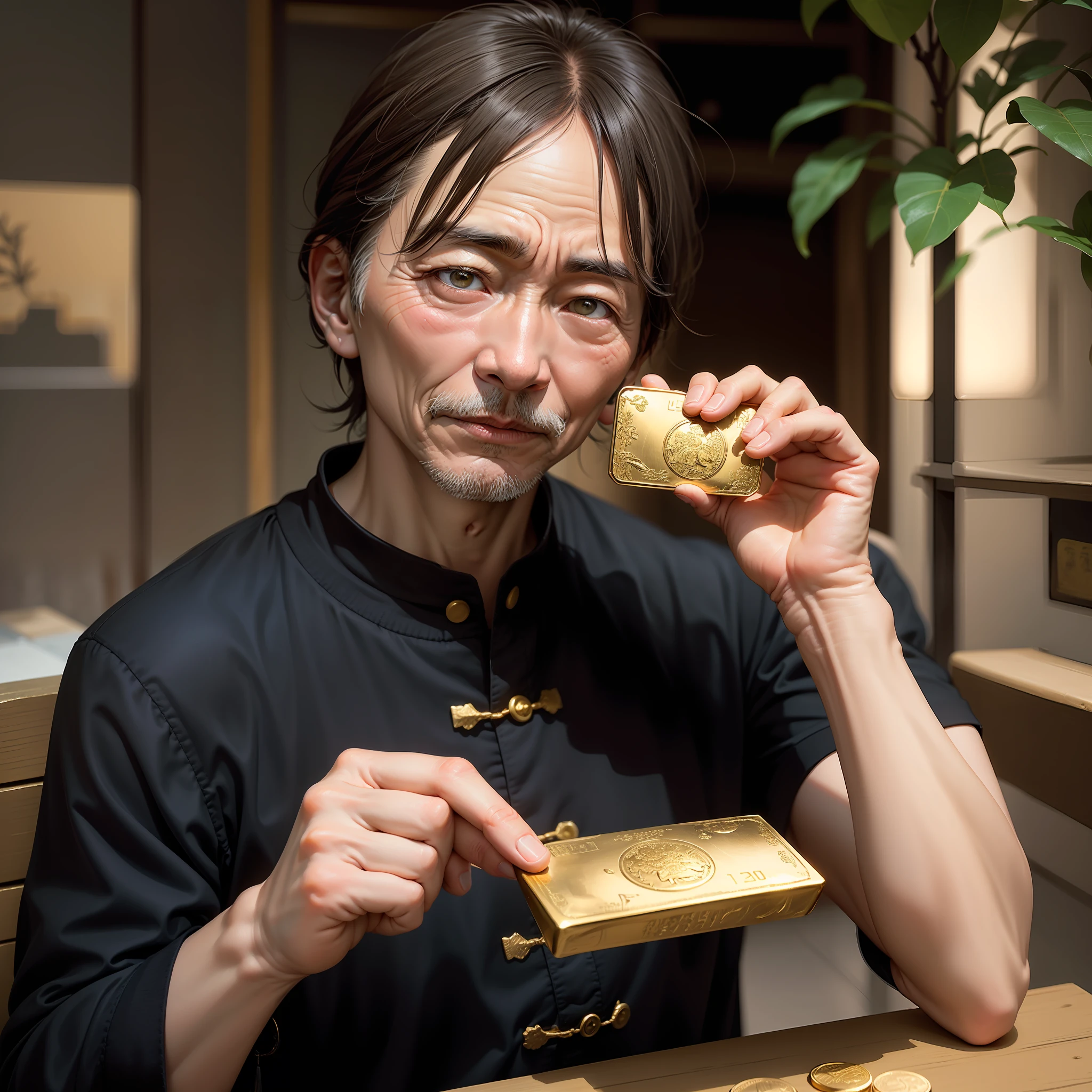 The old man with a Chinese style holds a gold ingot，Background money tree