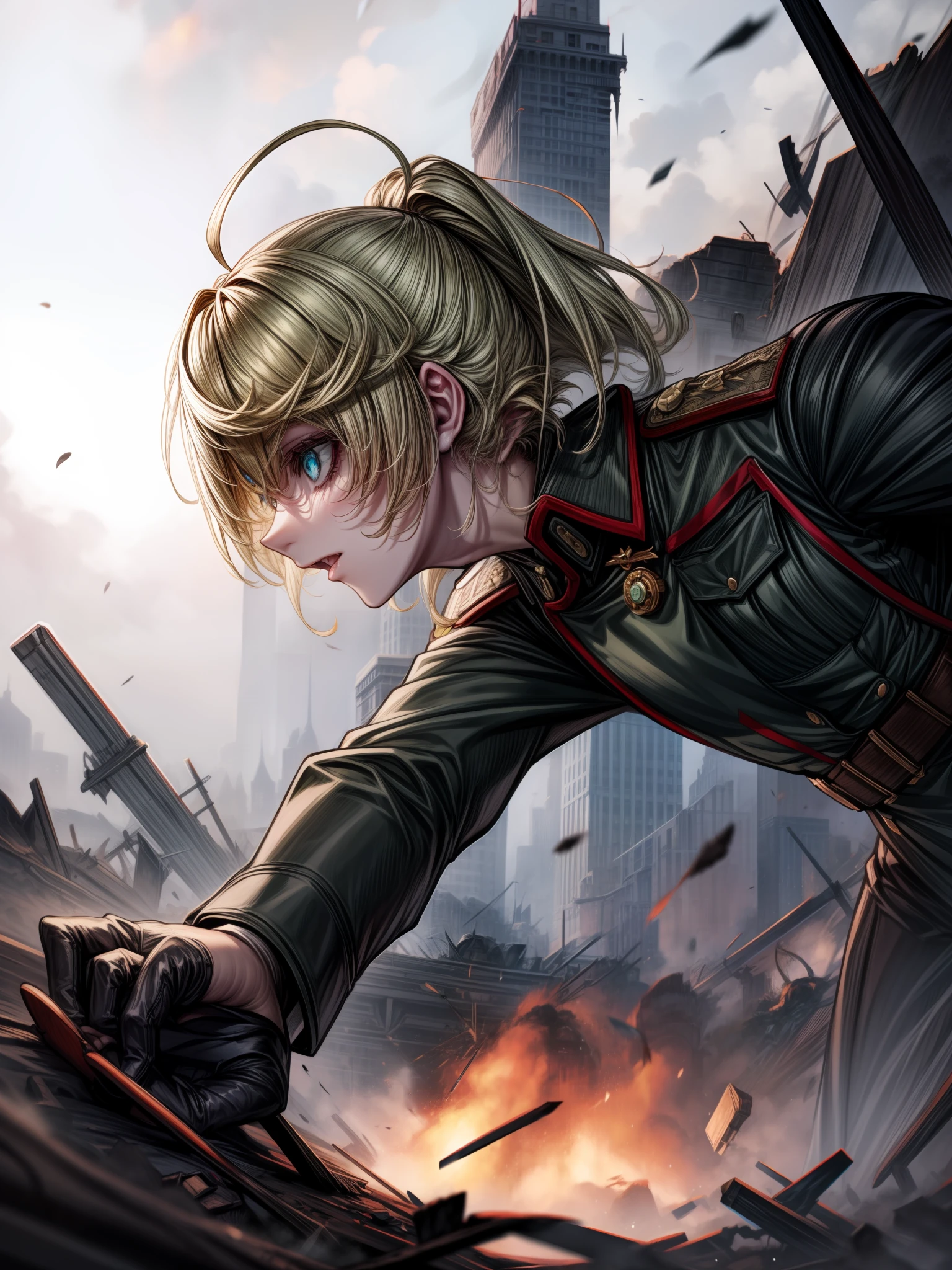 Tanya Degurechaff, Uniforme militar, baixa estatura, psychotic eyes, destroyed scenery, Side view