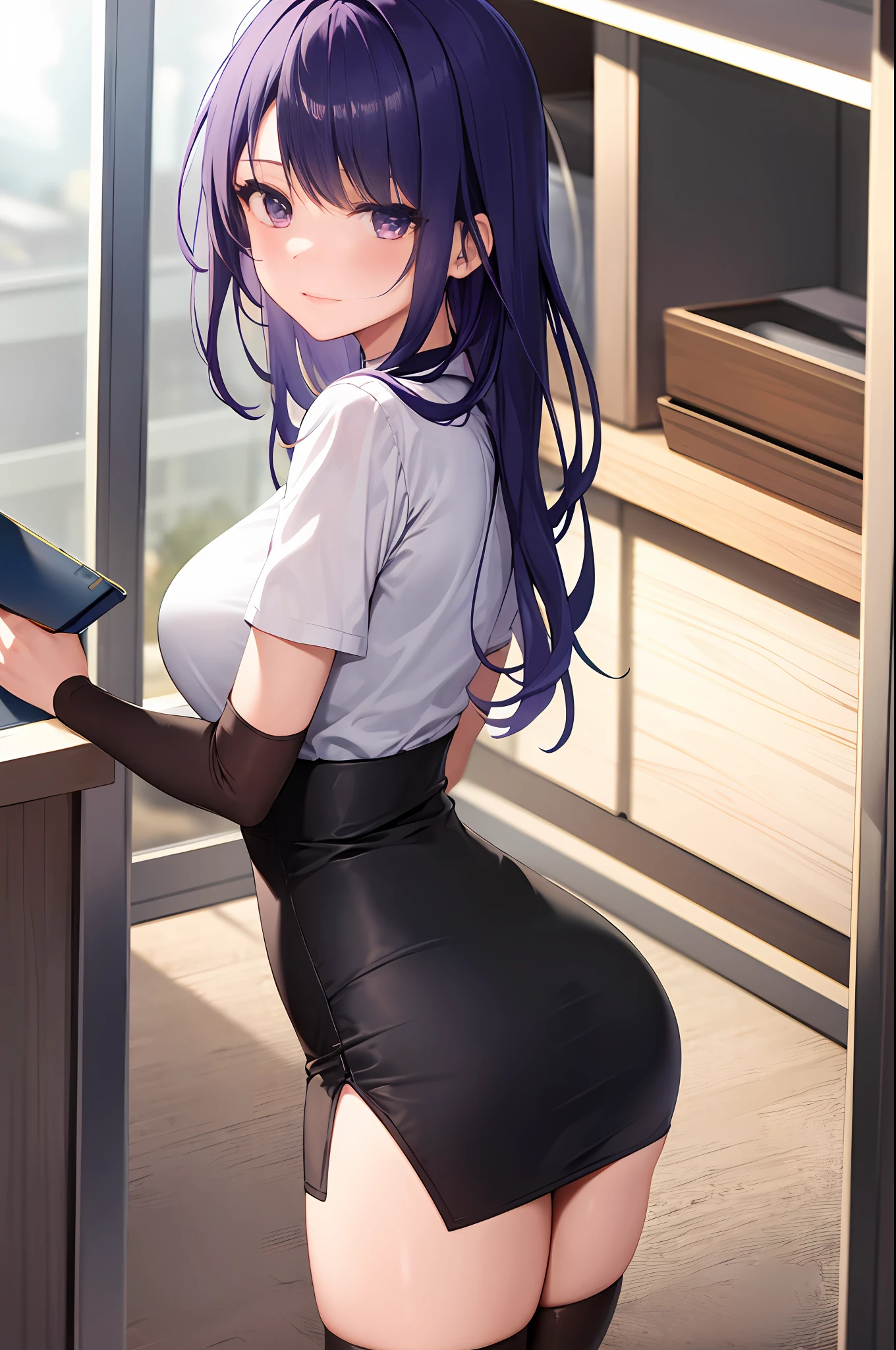masterpiece, best quality, 1girl, solo, raiden_genshin, office lady, pencil skirt, wearing pantyhose,looking at viewer, from behind upper torso, close-up