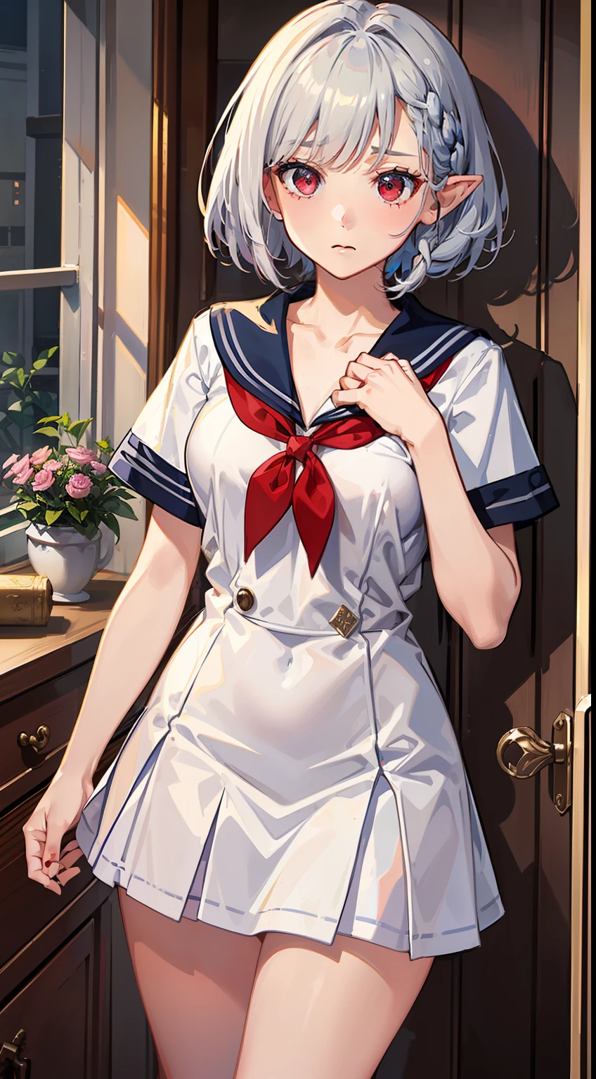 ((Embarrassing)), ((Changing clothes)), ((Put your hands on your chest)), 1 Whole body of a girl, elvish, ((silber hair)), Red Eyes, bob cuts, Braided hair, student clothes, a sailor suit, inside in room, speculum, gender change, concept-art, beautiful anime scene, Beautiful anime scenery, top-quality, masterpiece