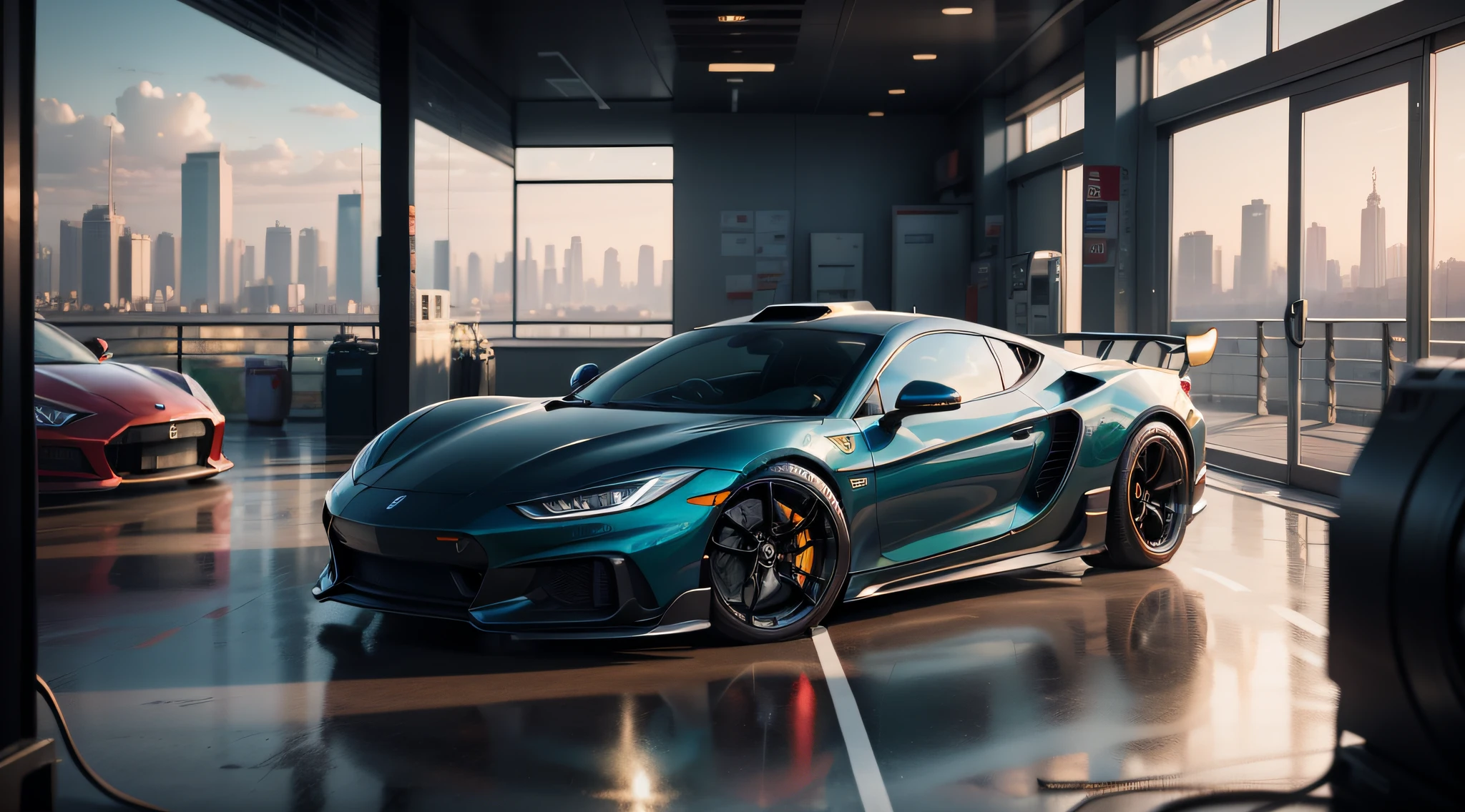 Image of a sport car in a gas station with a city in background. best quality, masterpiece, high resolution, trending on Pixiv Fan Box, vray tracing style, extremely realistic, insane details, intricate details, beautifully color graded,Color Grading, Editorial Photography, Photography, taken with a 60mm lens, ISO 300, f/4, 1/200th, DSLR, 8k