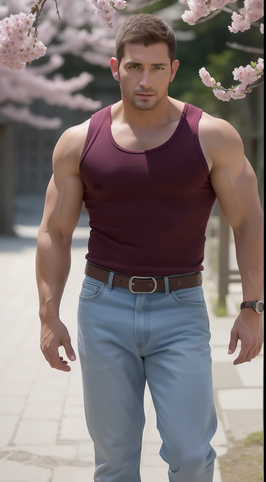 (Best quality, Masterpiece), (Ultra-detailed colors), ((Male FULL BODY SHOT only)), (Cowboy shot), (handsome muscular man in his 30's), He's like《Resident Evil》Chris Redfield. Wear a men's tank top, (mont. Fujifilm in Japan), (lots of sakura flowers, Snow in the background), mischievous grin, (detaile: 1 in 1), natural muscles, high qulity, beautidful eyes, (Detailed face and eyes), (face、: 1 / 2), noise, Real Photographics、... ..........................................................PSD, Sharp focus, High resolution 8K, hentail realism & Professional photography, 8K UHD, Soft lighting, High quality, filmgrain, 富士XT3