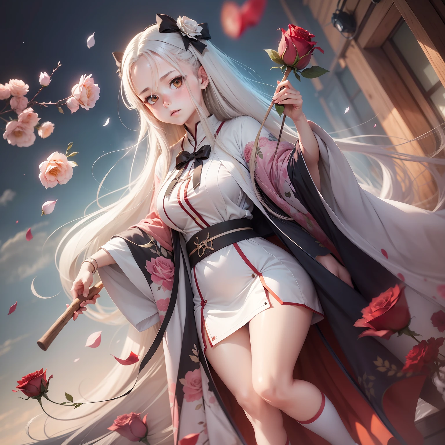 anime girl with long white hair holding a stick and a rose, boobs, full body, anime visual of a cute girl, light novel cover art, shikamimi, fine details. girls frontline, anime cover, marisa kirisame, japanese shoujo manga, from girls frontline, japanese light novel cover, anime visual of a young woman