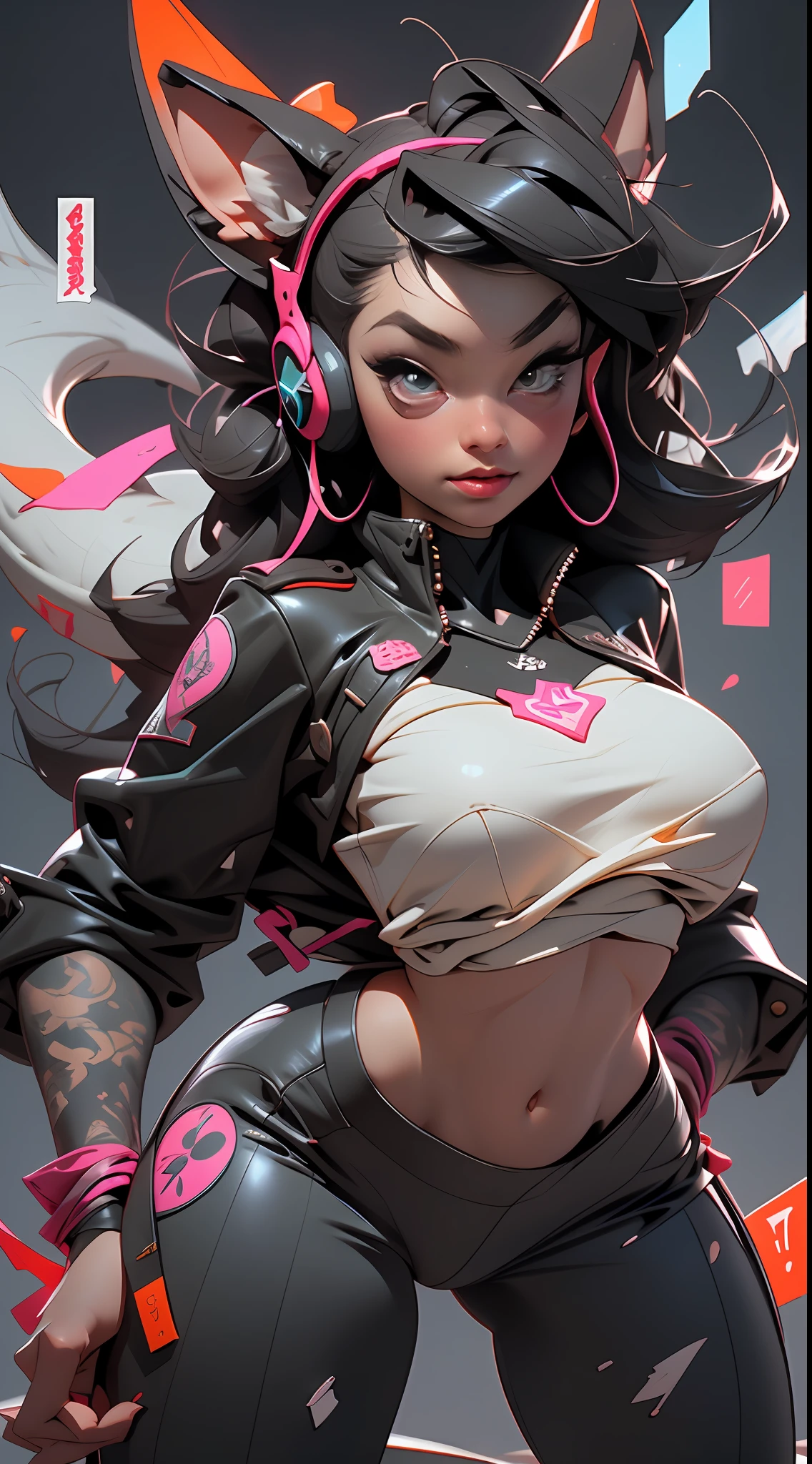 (La mejor calidad), (Obra maestra), (realista) And ultra-detailed photo of cute girl with futuristic neon headphones with plastic fox ears, Ella tiene un (cabello rosado), Usa cuero (Desabrochada) Chaqueta de carreras rosa-negra sobre un cuerpo desnudo, bajo el cual podemos ver ((Enormes tetas colgantes entreabiertas)), (pezones erectos), barriga abierta, pantalones cortos ajustados de cuero, y exuda un (beautiful and aesthetic) Ambiente, cuerpo sexy , alumnos detallados, Iris detallado de los ojos, Una sonrisa avergonzada y lujuriosa abriendo su boca,dynamic pose,