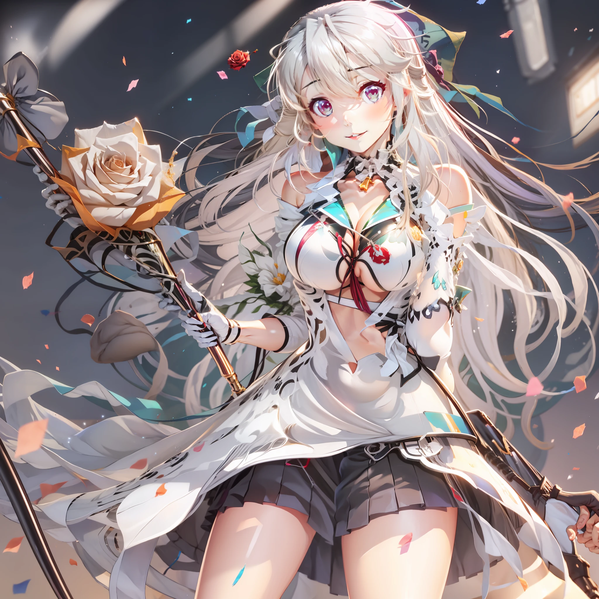 anime girl with long white hair holding a stick and a rose, boobs, full body, anime visual of a cute girl, light novel cover art, shikamimi, fine details. girls frontline, anime cover, marisa kirisame, japanese shoujo manga, from girls frontline, japanese light novel cover, anime visual of a young woman