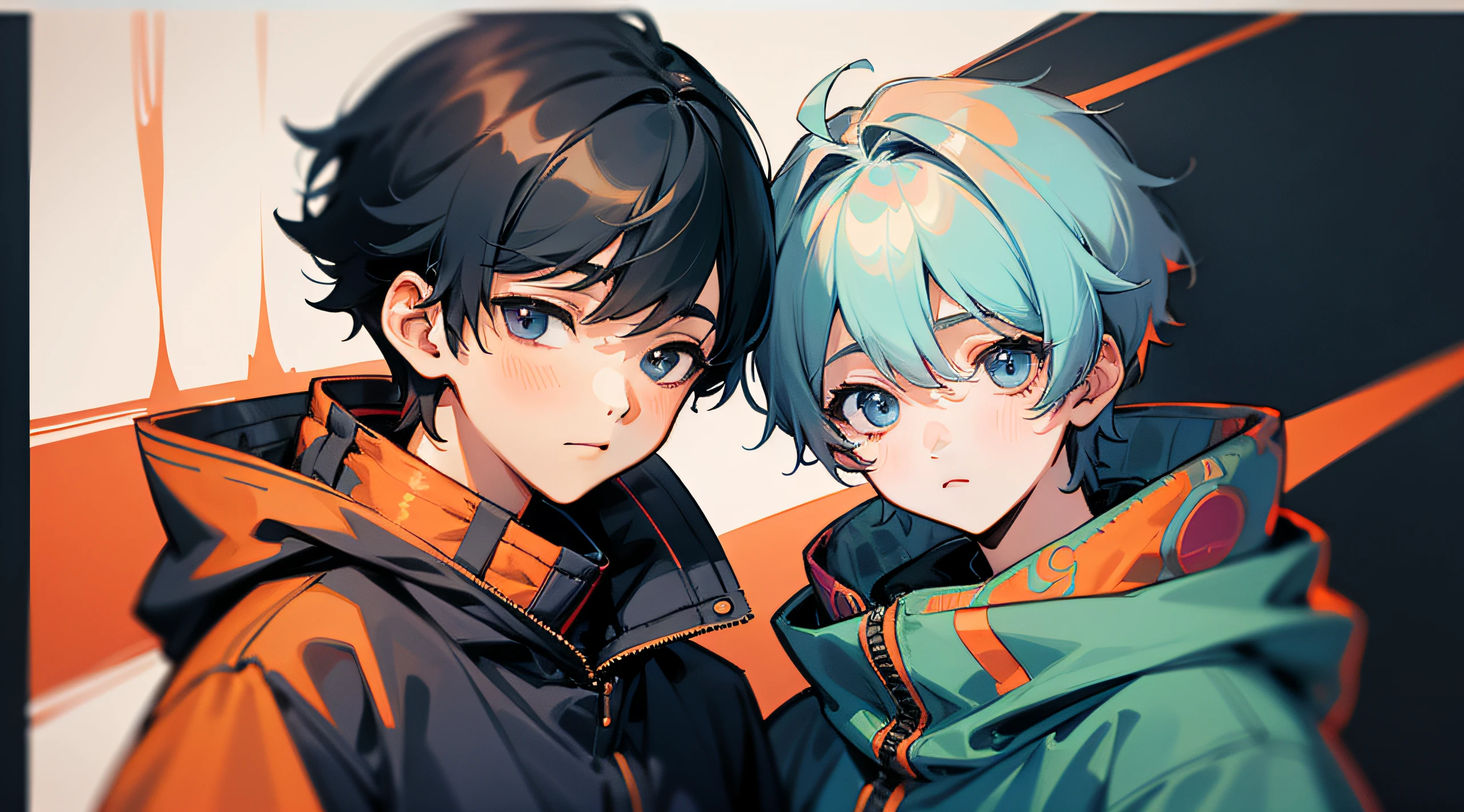 a couple（１Boy、１garl）、short-cut、parka、Background Simple、