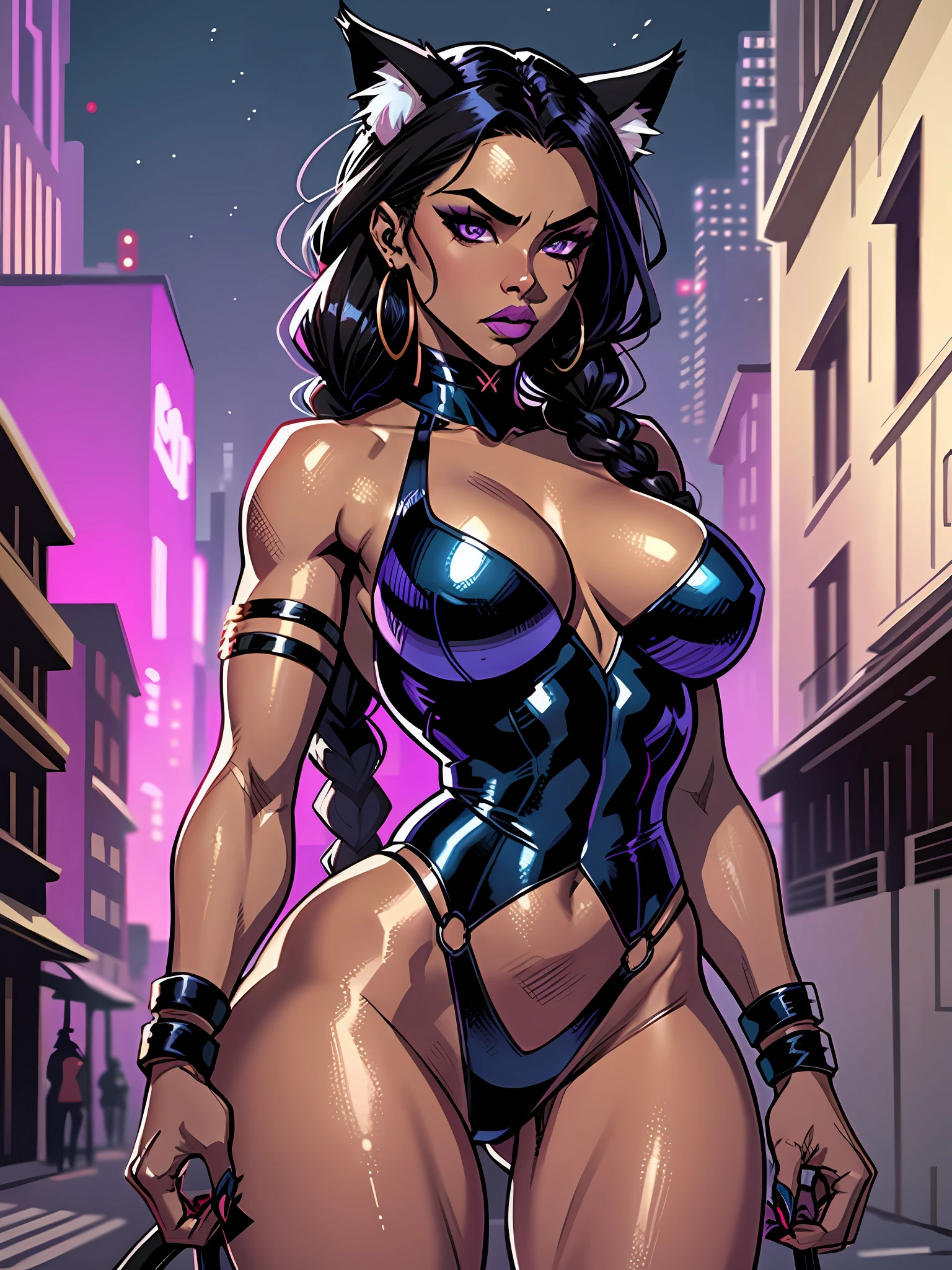 Masterpiece, Excellent, 1girl, solo, complex details, color diffusion, comic book, anime, marvel, DC, catgirl, dark skin, ebony, brown skin, dark-skinned female, thighs, cat ears, dark hair, black hair, braids, dreadlocks, braided hair, purple eyes, skimpy attire, epic attire, assassin, badass, deadly but sexy, trending, demon, goddess, Super Villain
