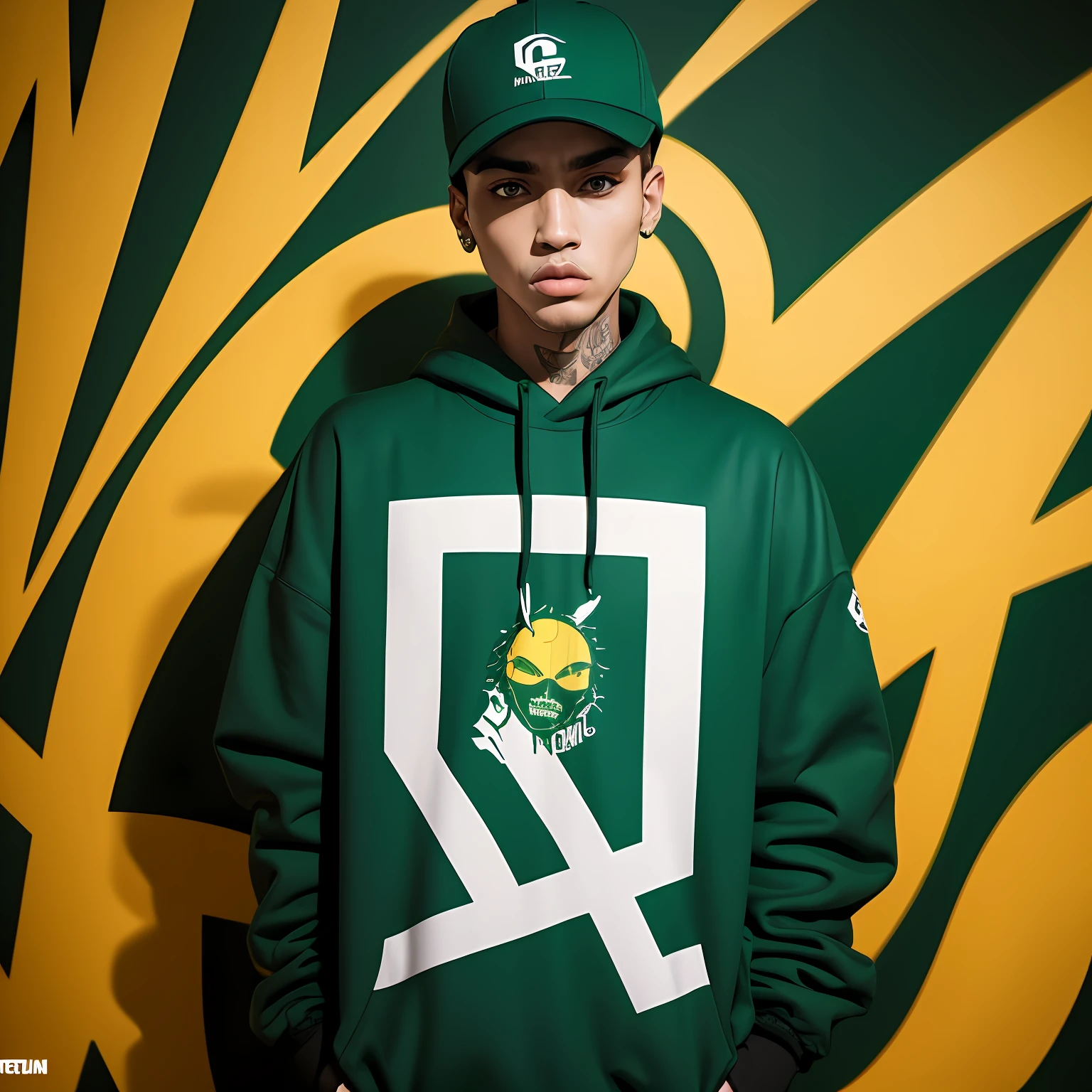 Ultra wide foto,artgem,minimalista,fashion(1 homem reptiliano pede com escamas em varios tons de verde olhos amarelos)com casaco rap e capuz streetwear, fashion,fundo inferno abstracto --auto