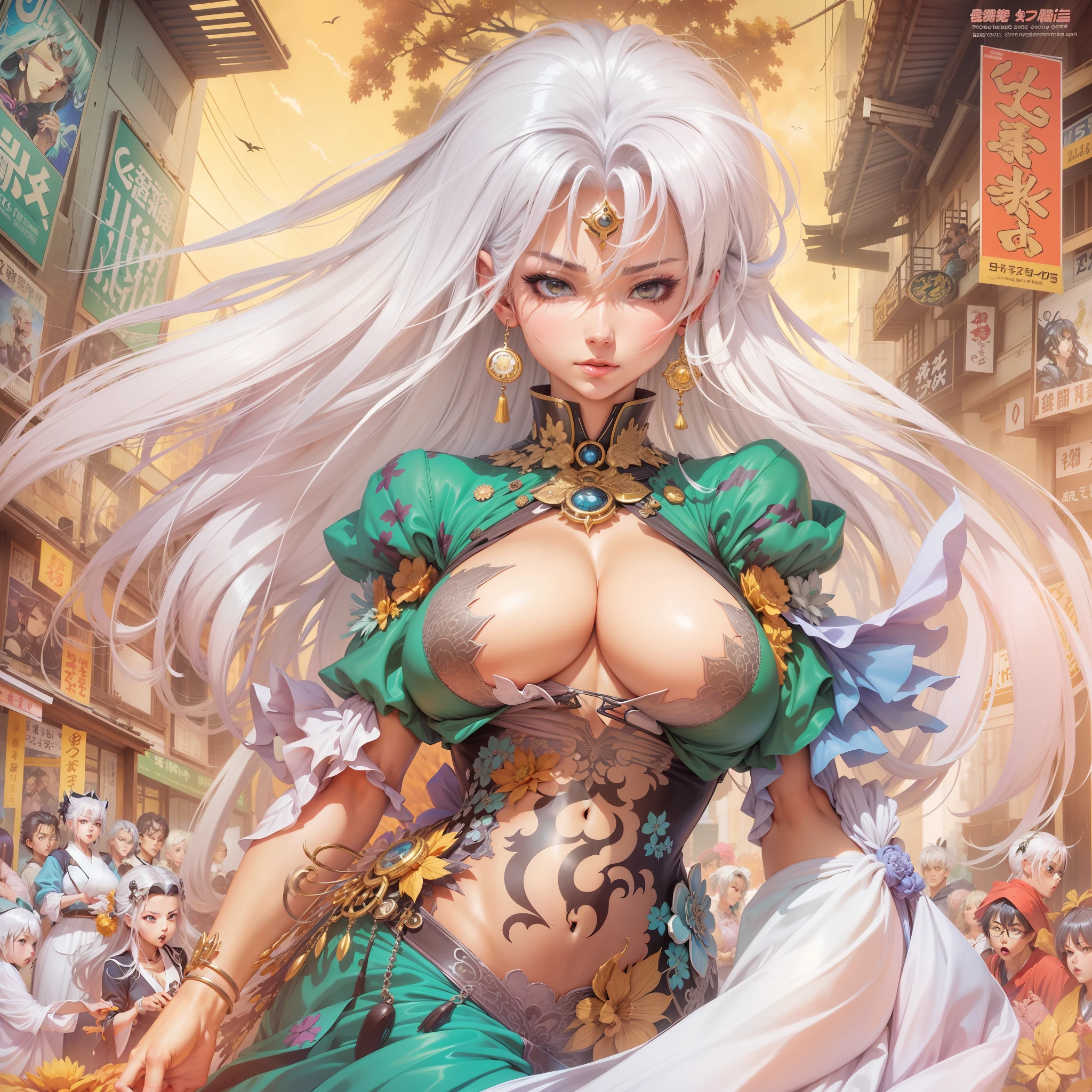 a close up of a woman in a dress with a large breast, full color manga cover, style of masamune shirow, manga comic book cover, by Masamune Shirow, white haired deity, inspired by Masamune Shirow, doujin, japanese comic book, full color manga visual style, manga cover style, manga cover, ecchi