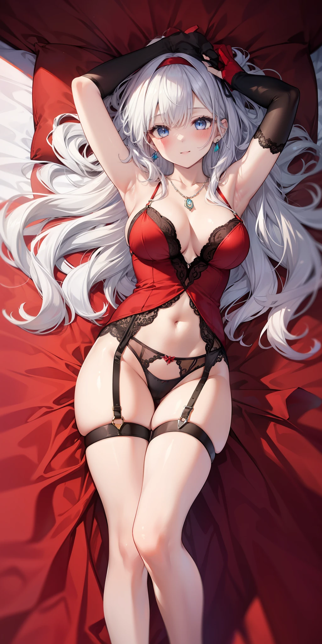 tags: (masterpiece:1.3),(best quality:1.3),(detailed eyes:1.2), detailed hair, (hair shadow),blurred,(blue eyes),(silver hair), Messy hair, long hair, Dakimakura, Young girl, Breasts, cleavage, slender legs, slim waist, blush, calm smile, best quality, masterpiece, red stockings thighs, panties, navel, red sheer lingerie, blush, jewelry dress, necklace jewelry, jewelry earrings, full body, garter belt, earrings, medium breasts, cleavage, jewelry, slender legs, thin waist, lying in bed, red bed, red sheets, lying supine, navel, headband, red elbow gloves, looking at the owner, arms outstretched, fingers crossed, arms up, no fingers, long red gloves, very pretty, nice body