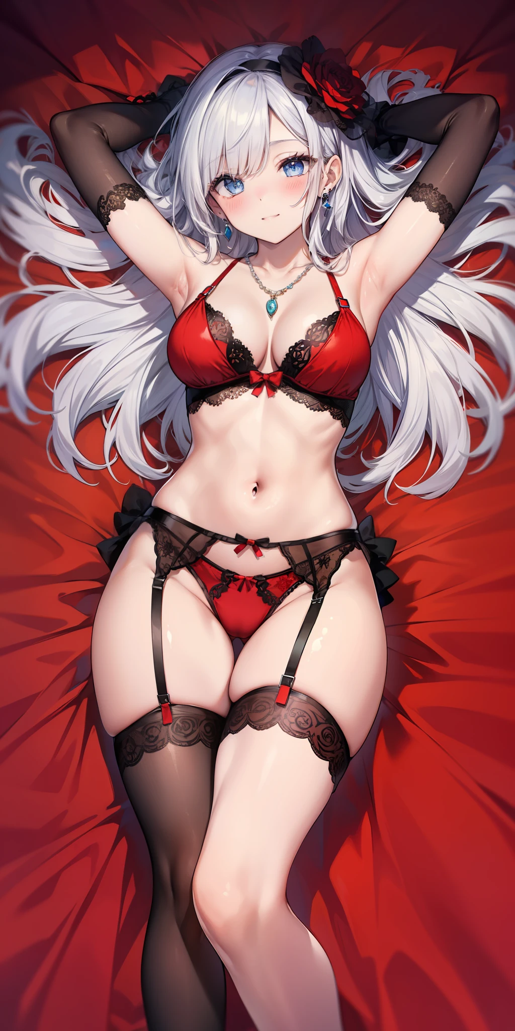 tags: (masterpiece:1.3),(best quality:1.3),(detailed eyes:1.2), detailed hair, (hair shadow),blurred,(blue eyes),(silver hair), Messy hair, long hair, Dakimakura, Young girl, Breasts, cleavage, slender legs, slim waist, blush, calm smile, best quality, masterpiece, red stockings thighs, panties, navel, red sheer lingerie, blush, jewelry dress, necklace jewelry, jewelry earrings, full body, garter belt, earrings, medium breasts, cleavage, jewelry, slender legs, thin waist, lying in bed, red bed, red sheets, lying supine, navel, headband, red elbow gloves, looking at the owner, arms outstretched, fingers crossed, arms up, no fingers, long red gloves, very pretty, nice body