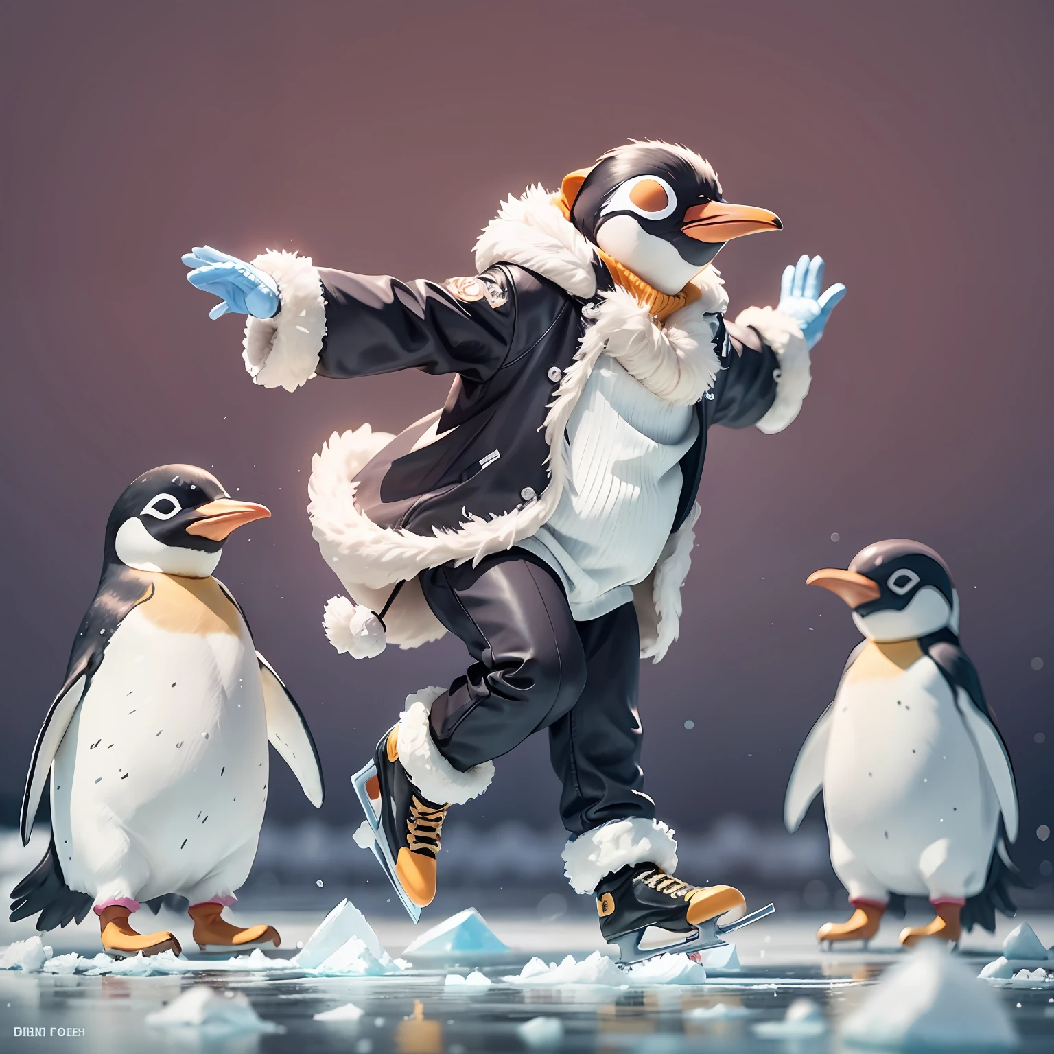 no human, joyful dancing, penguin parent and penguin child, ice skating, shimmering ice surface,