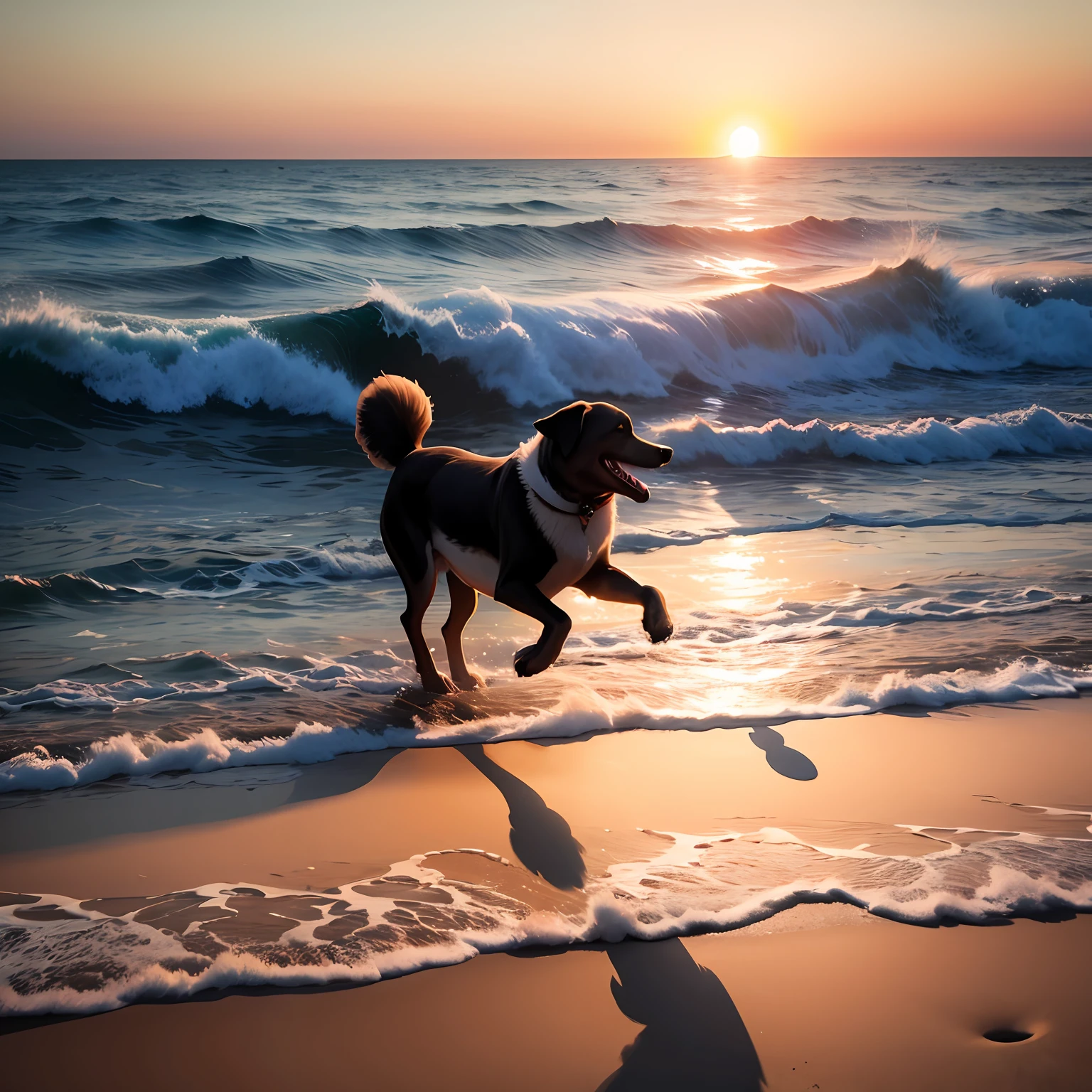 Shadow of a happy dog playing chasing the ball on the beach on the beachfront and two dolphins jumping out of the water, beautiful sunset in high resolution photografc- Upscaling by --auto