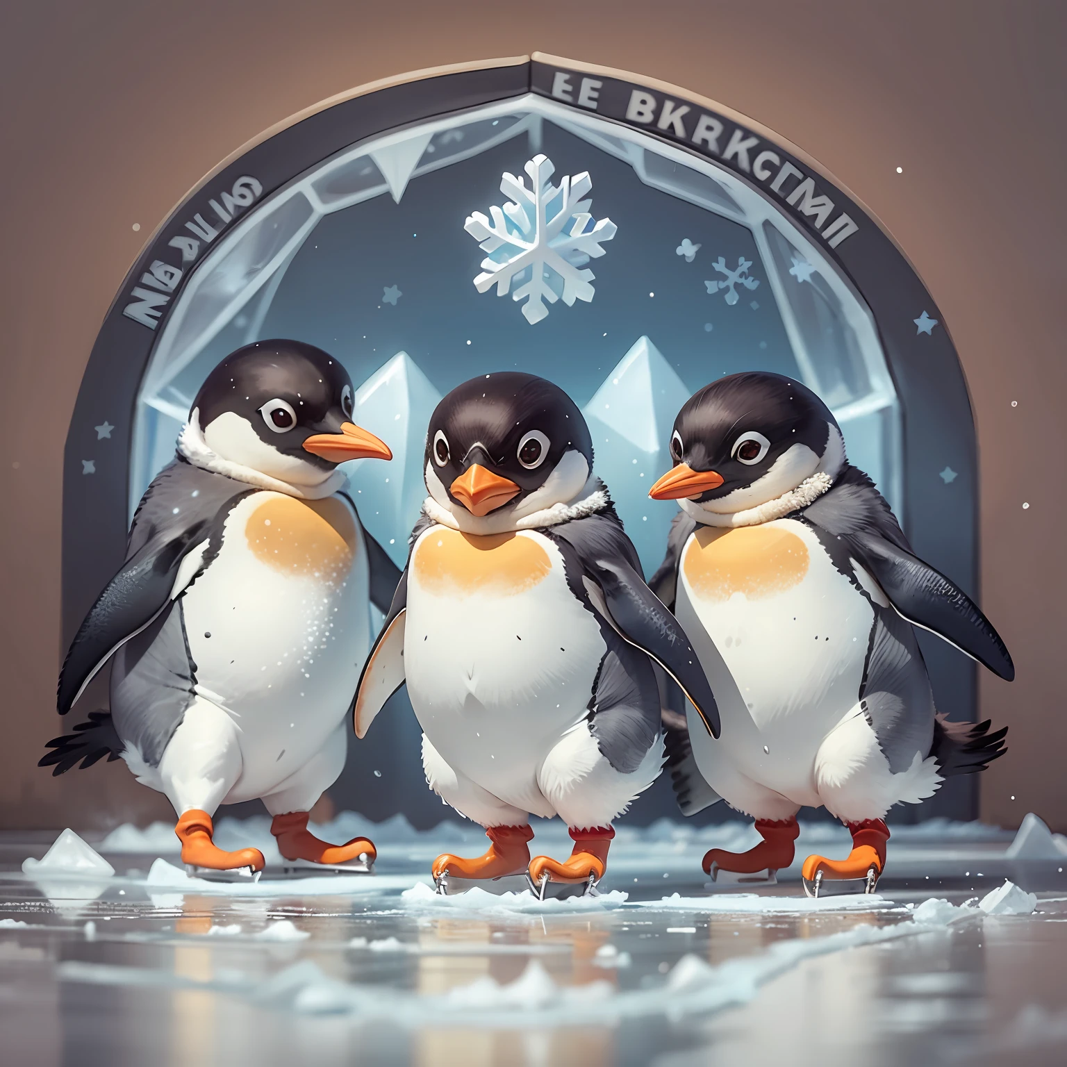 no human, joyful dancing, penguin parent and penguin child, ice skating, shimmering ice surface,