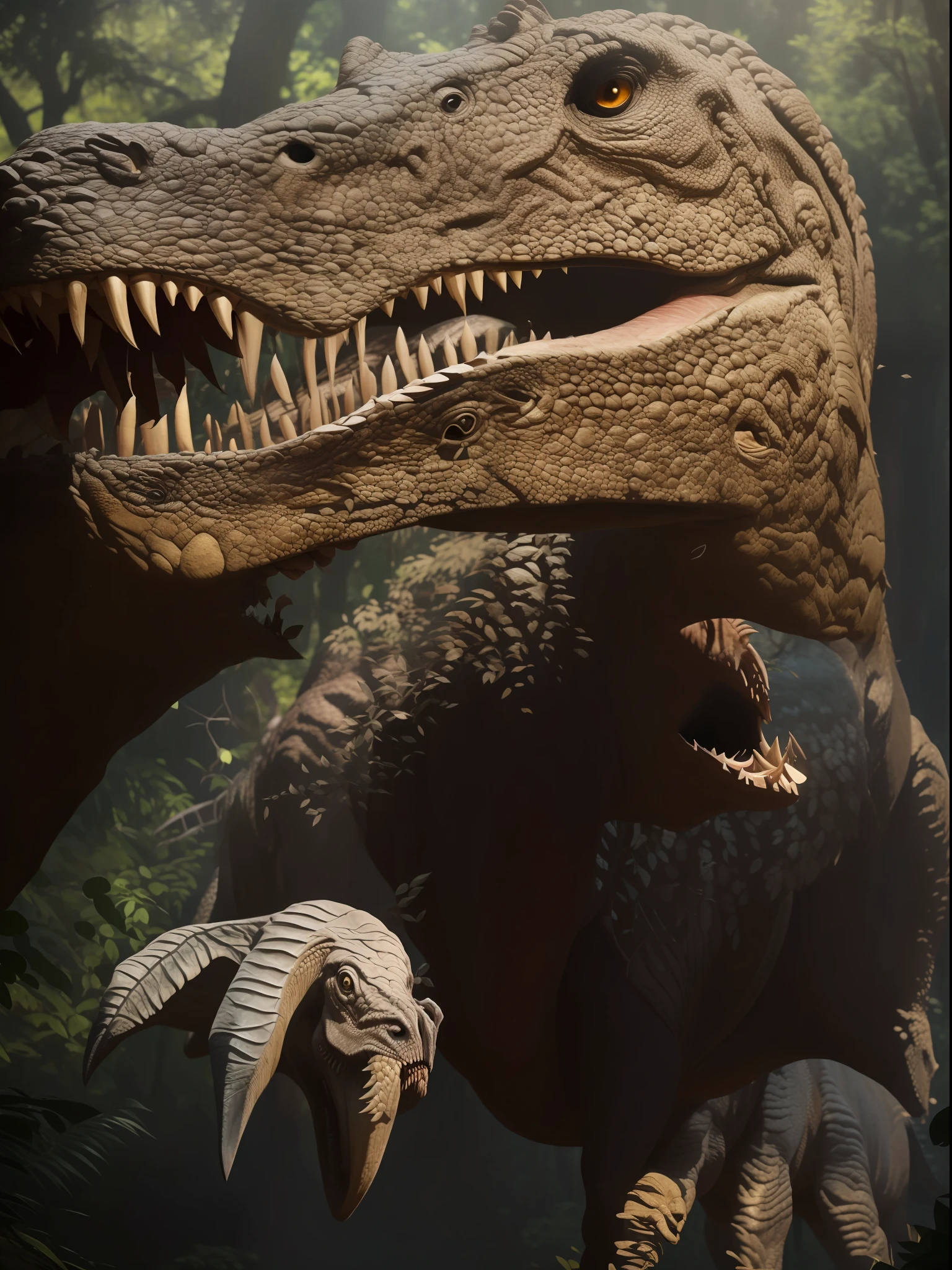 Masterpiece of a T-Rex dinosaur in a menacing pose, com a boca aberta em um rugido feroz. A pele do T-Rex deve ser escura, com tons de preto, cinza e marrom, tornando-a extremamente realista. dark ilumination, sombria. Ademais, add stunning VFX to the skin, like tiny particles of dust and dirt floating in the air around the dinosaur to add more depth and realism to the scene. Lighting should be cinematic and dramatic, with a strong light focus coming from above and slightly from behind, criando sombras profundas para ressaltar os detalhes do dinossauro e aumentar o drama da cena. Add beams of light that penetrate through the trees, illuminating specific parts of the T-Rex and the environment around it. Os efeitos visuais devem tornar o rugido do T-Rex ainda mais impressionante. Add saliva particles flying from the dinosaur's open mouth and subtle tremors in the ground and nearby trees to simulate the vibration caused by the powerful roar. A cena de fundo deve ser um ambiente selvagem e imersivo, with dense trees and foliage all around, conveying the feeling that the T-Rex is in its natural habitat. A imagem final deve ser hiper-realista, fazendo com que o espectador sinta-se transportado para uma cena de filme, where a real T-Rex is about to attack, with every detail and visual effects meticulously rendered to create a stunning visual experience."