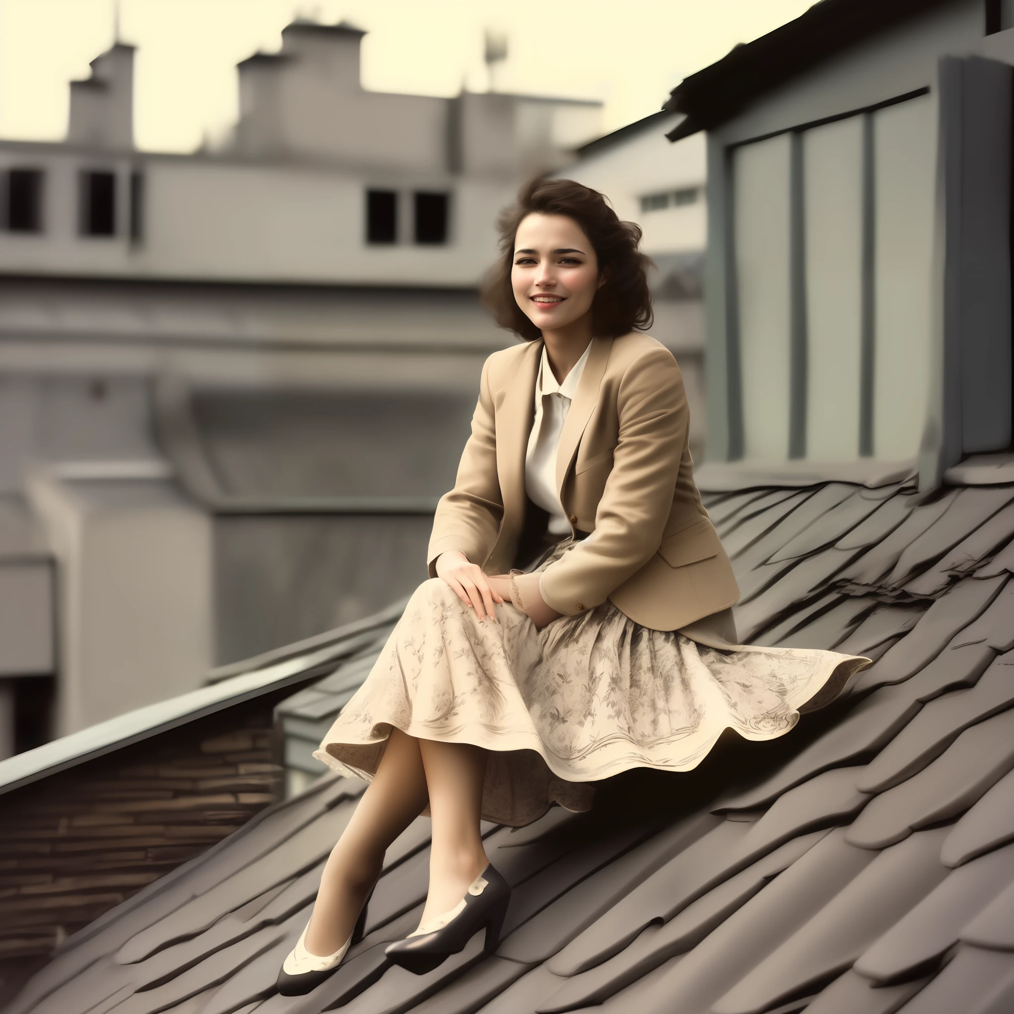 (shy smiling) woman sitting on a roof outside and playing with her skirt and spreading her skirt all over the roof, authentic (kind and tender) good woman wearing a short blazer with a very very detailed (long (fully pleated) full circle skirt) and (simple) low heeled office shoes, very very intricate hyper-detailed symmetric (attractive graceful young feminine face) with (sad, tired eyes and a shy smile), full of empathy and compassion and love, (pronounced (feminine) features), (highly detailed ultra accurate realistic) hands and fingers, (windy conditions and wind blowing), epic composition, highly detailed attributes, highly detailed atmosphere, (35mm f1.4 Kodak portra 400 photograph), extremely high quality RAW photograph, detailed background, intricate, Exquisite details and textures,