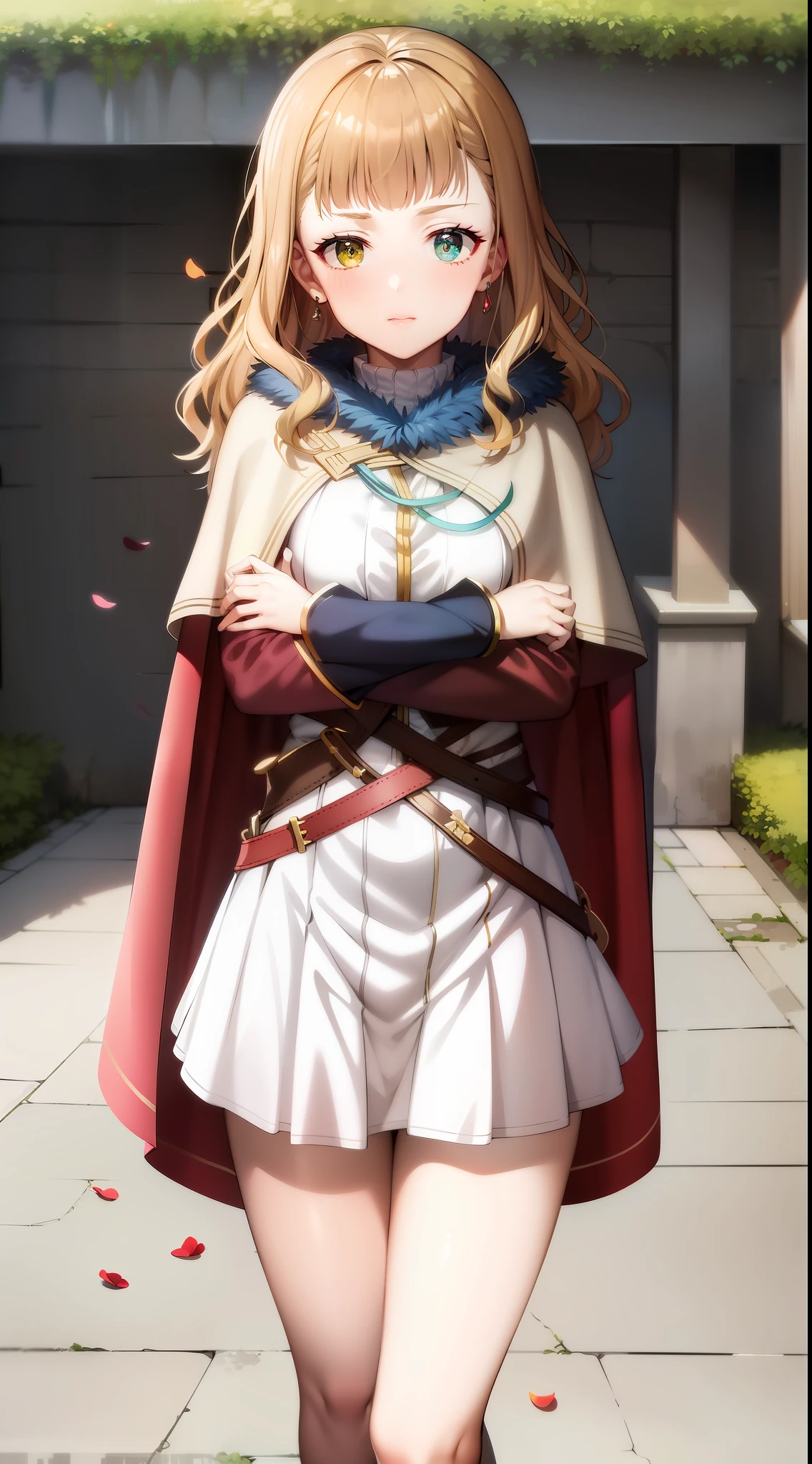 a woman in a cape and skirt standing on a sidewalk, pretty female cleric, inspired by Li Chevalier, dressed like a cleric, edelgard from fire emblem, artoria pendragon, wearing a flowing cloak, gold and white cloak, marin kitagawa fanart, cushart krenz key art feminine, holding a sword on her shoulder, female cleric