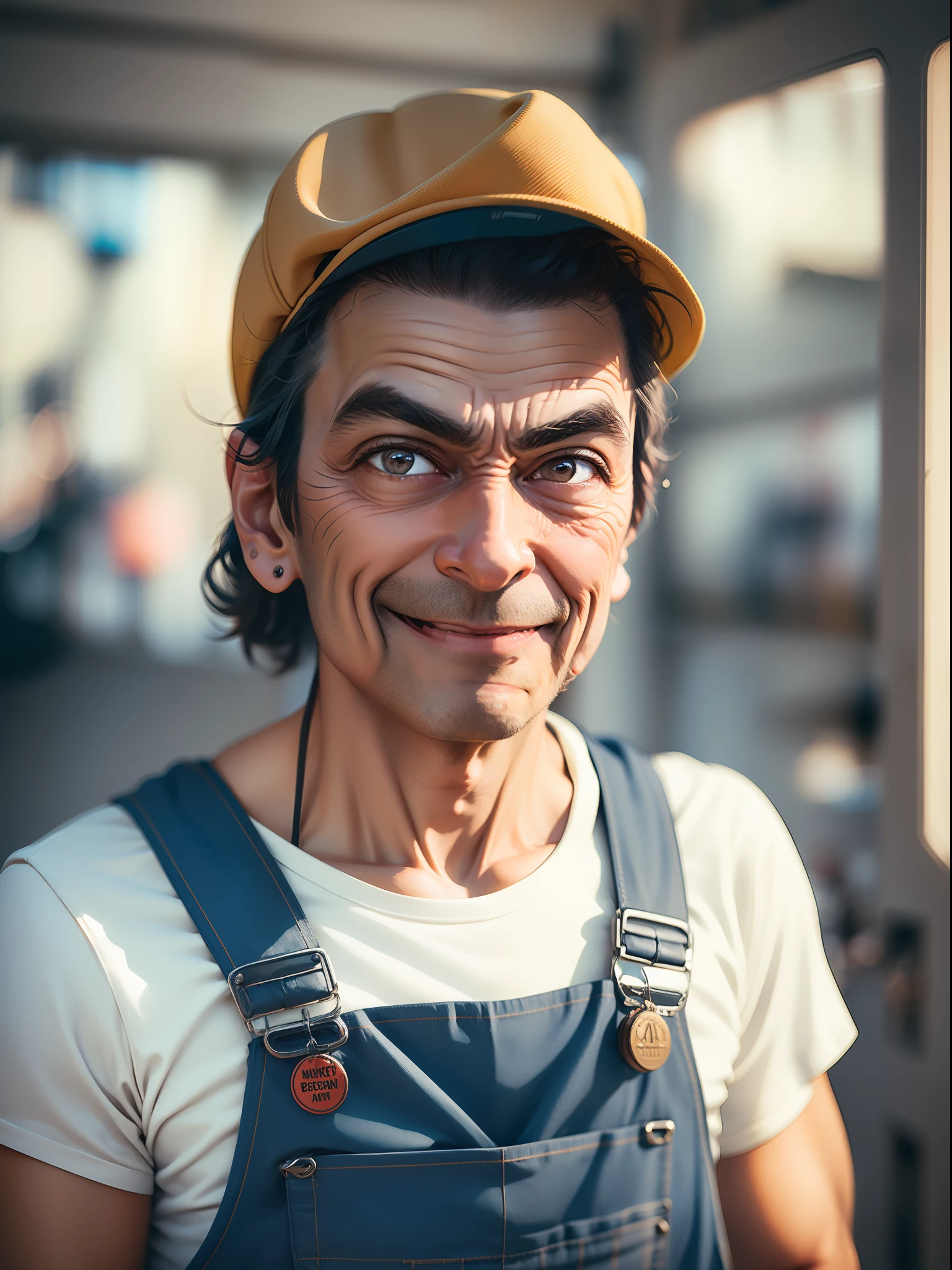 ((Photo portrait of a man wearing trucker's overalls)), ((inspirado em Mr.Bean)), bem humorado, alegre e sorrindo. Imagem realista altamente detalhada, detalhes intricados. UHD, 8k