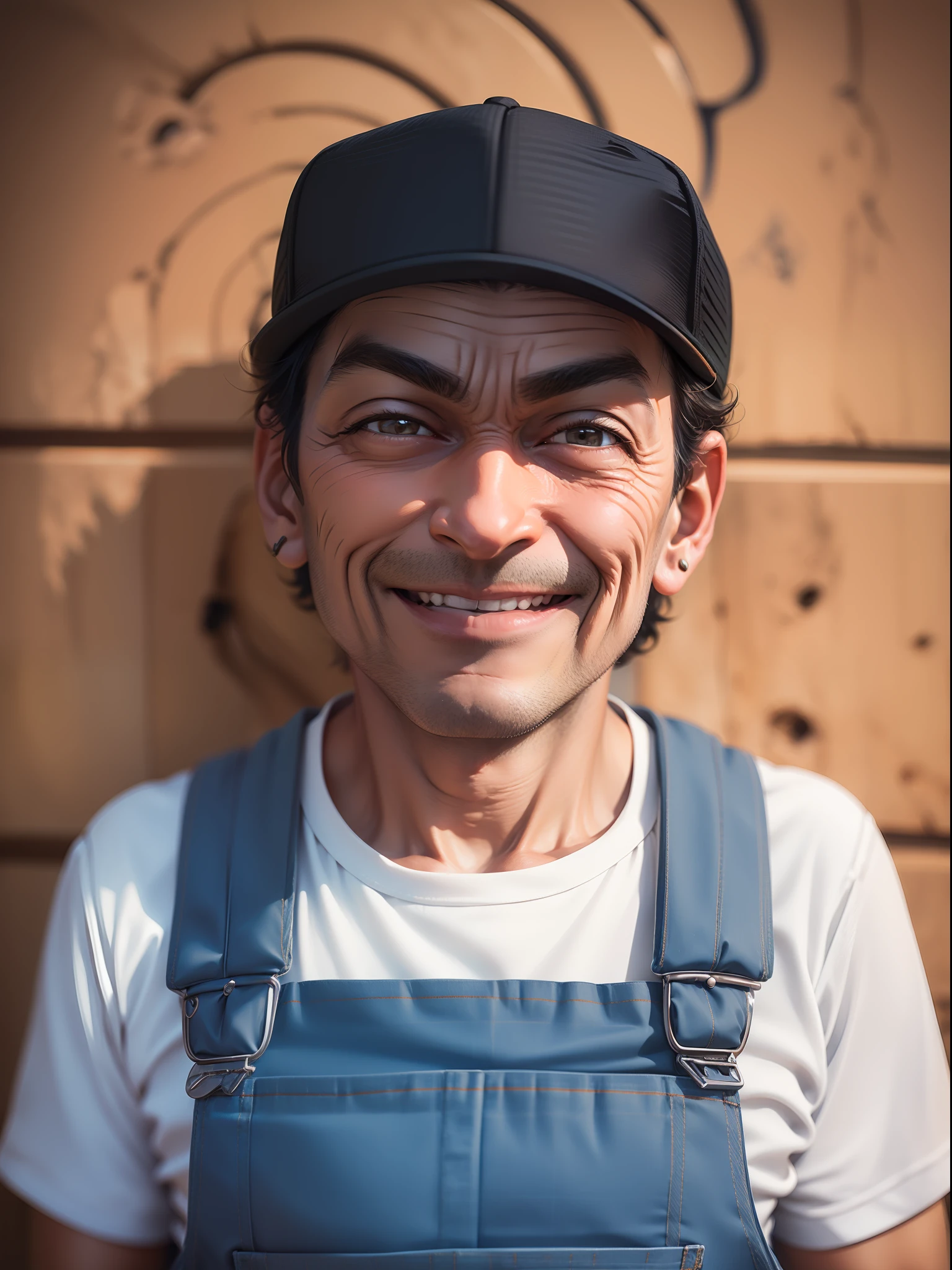 ((Photo portrait of a man wearing trucker's overalls)), ((inspirado em Mr.Bean)), bem humorado, alegre e sorrindo. Imagem realista altamente detalhada, detalhes intricados. UHD, 8k