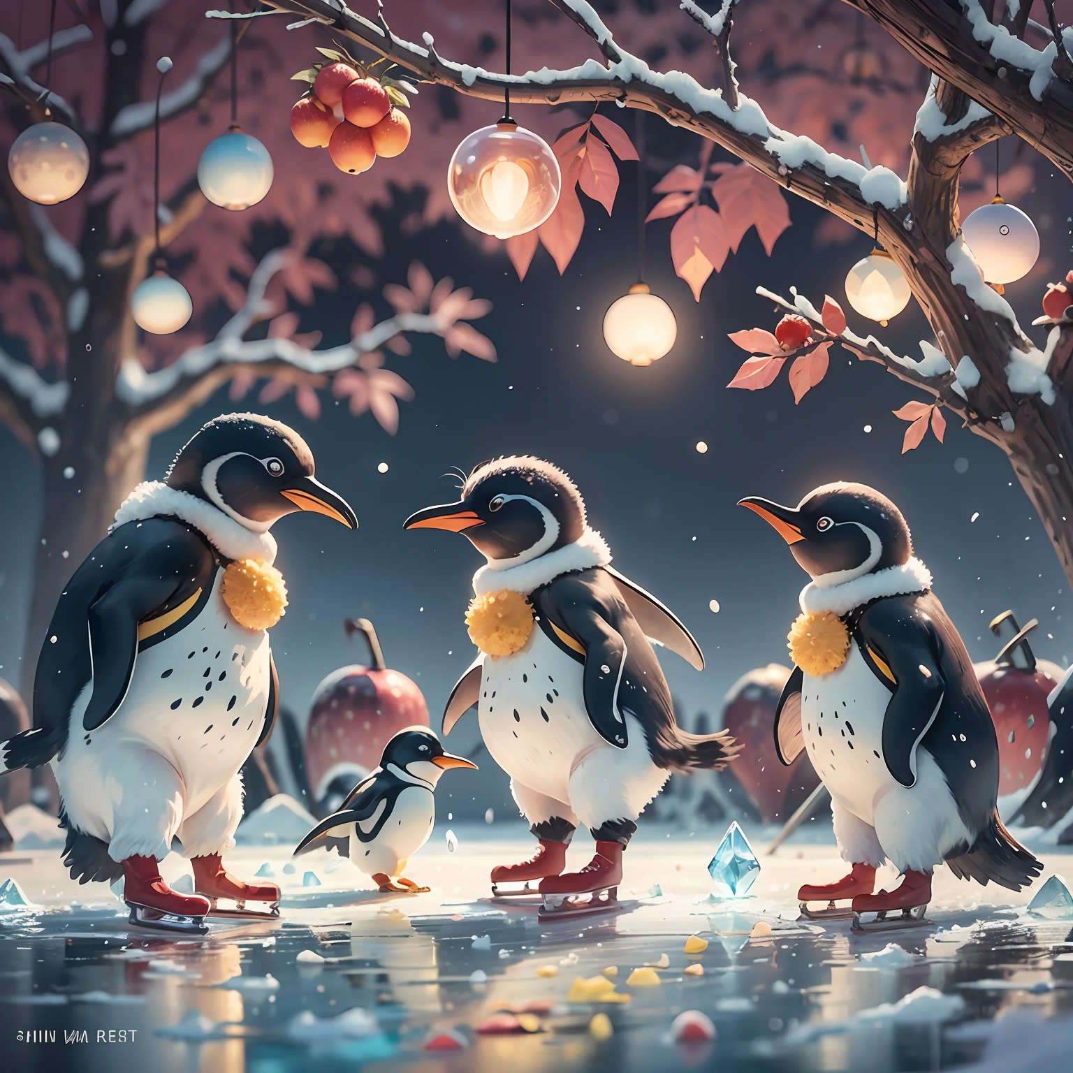 no human, joyful dancing, happy running, penguin parent and penguin child, ice skating, shimmering ice surface, glowing fruits growing on trees, Composition similar to The Beatles’ CD cover,