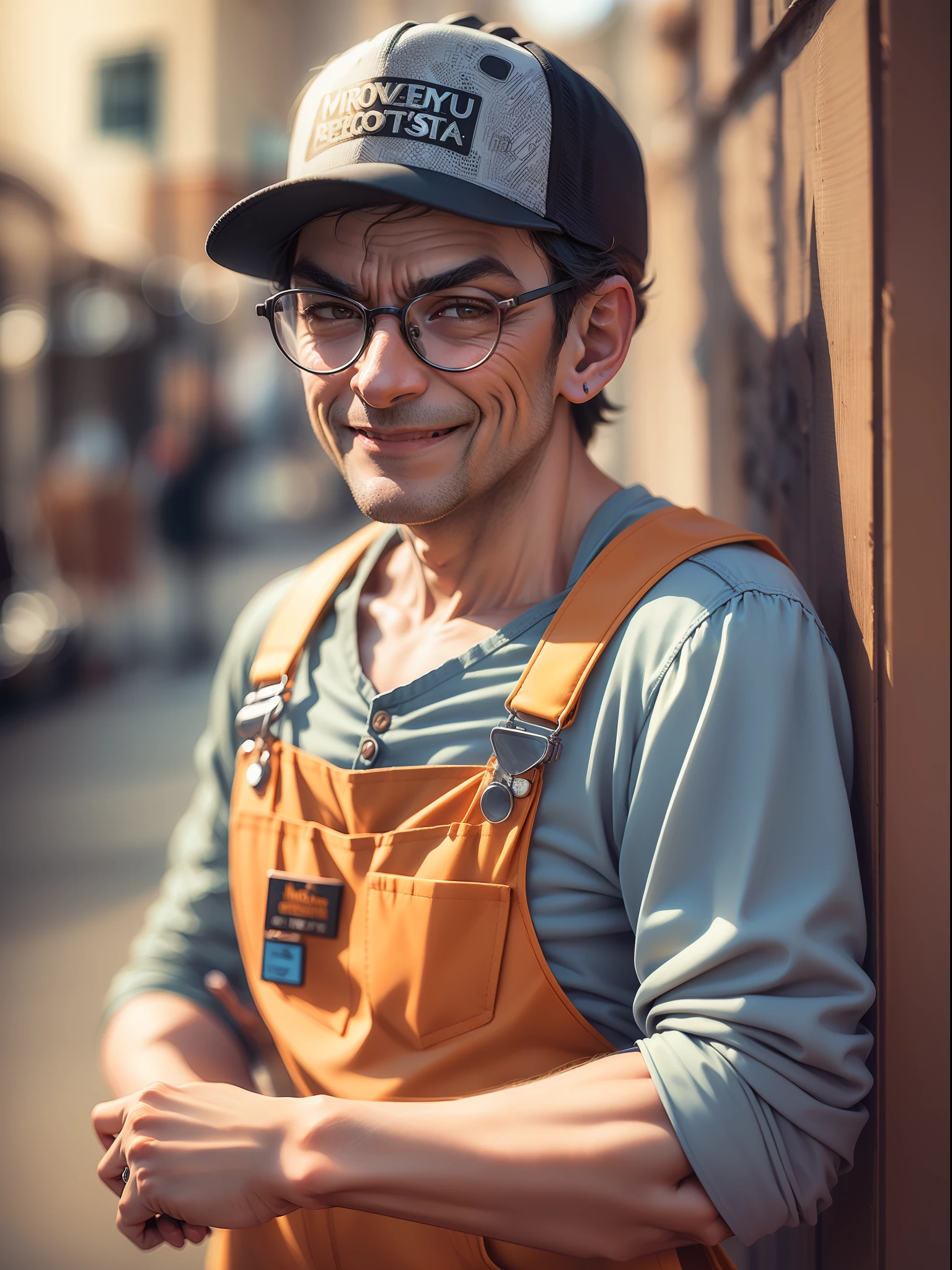 ((Photo portrait of a man wearing trucker's overalls)), ((inspirado em Mr.Bean)), bem humorado, alegre e sorrindo. Imagem realista altamente detalhada, detalhes intricados. UHD, 8k