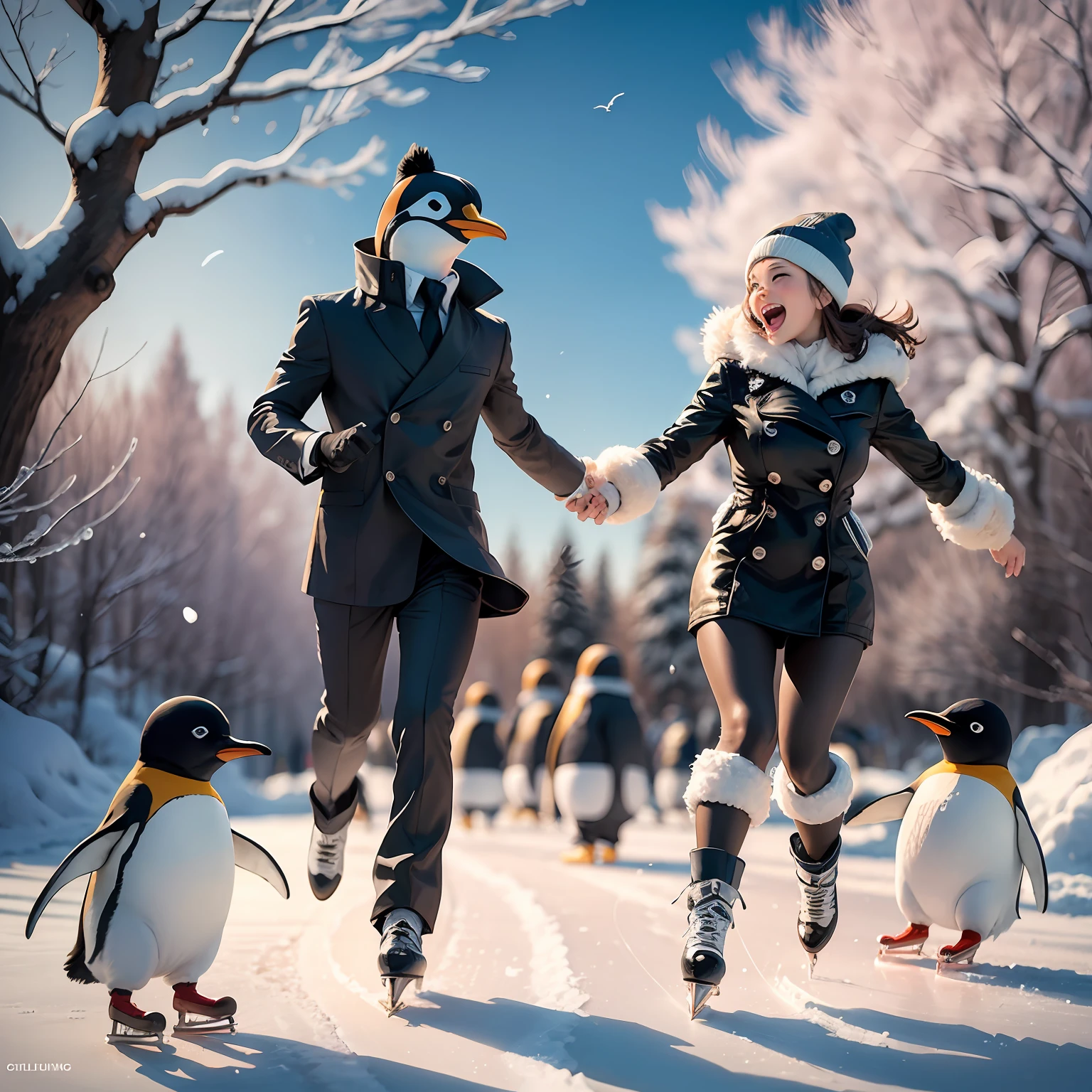 no human, joyful dancing, happy running, penguin parent and penguin child, ice skating, shimmering ice surface, glowing fruits growing on trees, Composition similar to The Beatles’ CD cover,
