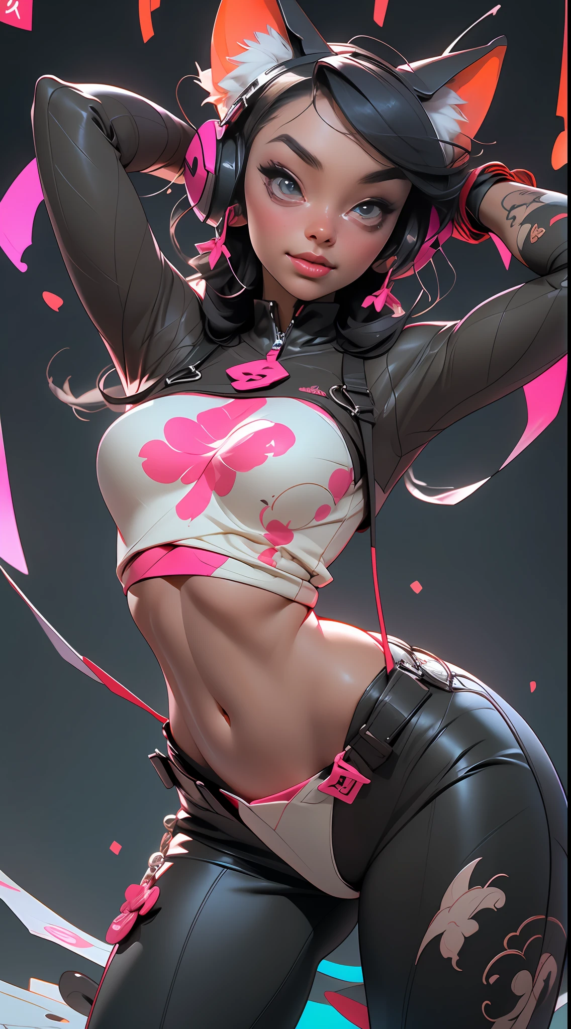 (La mejor calidad), (Obra maestra), (realista) And ultra-detailed photo of cute girl with futuristic neon headphones with plastic fox ears, Ella tiene un (cabello rosado), Usa cuero (Desabrochada) Chaqueta de carreras rosa-negra sobre un cuerpo desnudo, bajo el cual podemos ver ((Enormes tetas colgantes entreabiertas)), (pezones erectos), barriga abierta, pantalones cortos ajustados de cuero, y exuda un (beautiful and aesthetic) Ambiente, cuerpo sexy , alumnos detallados, Iris detallado de los ojos, Una sonrisa avergonzada y lujuriosa abriendo su boca,dynamic pose,